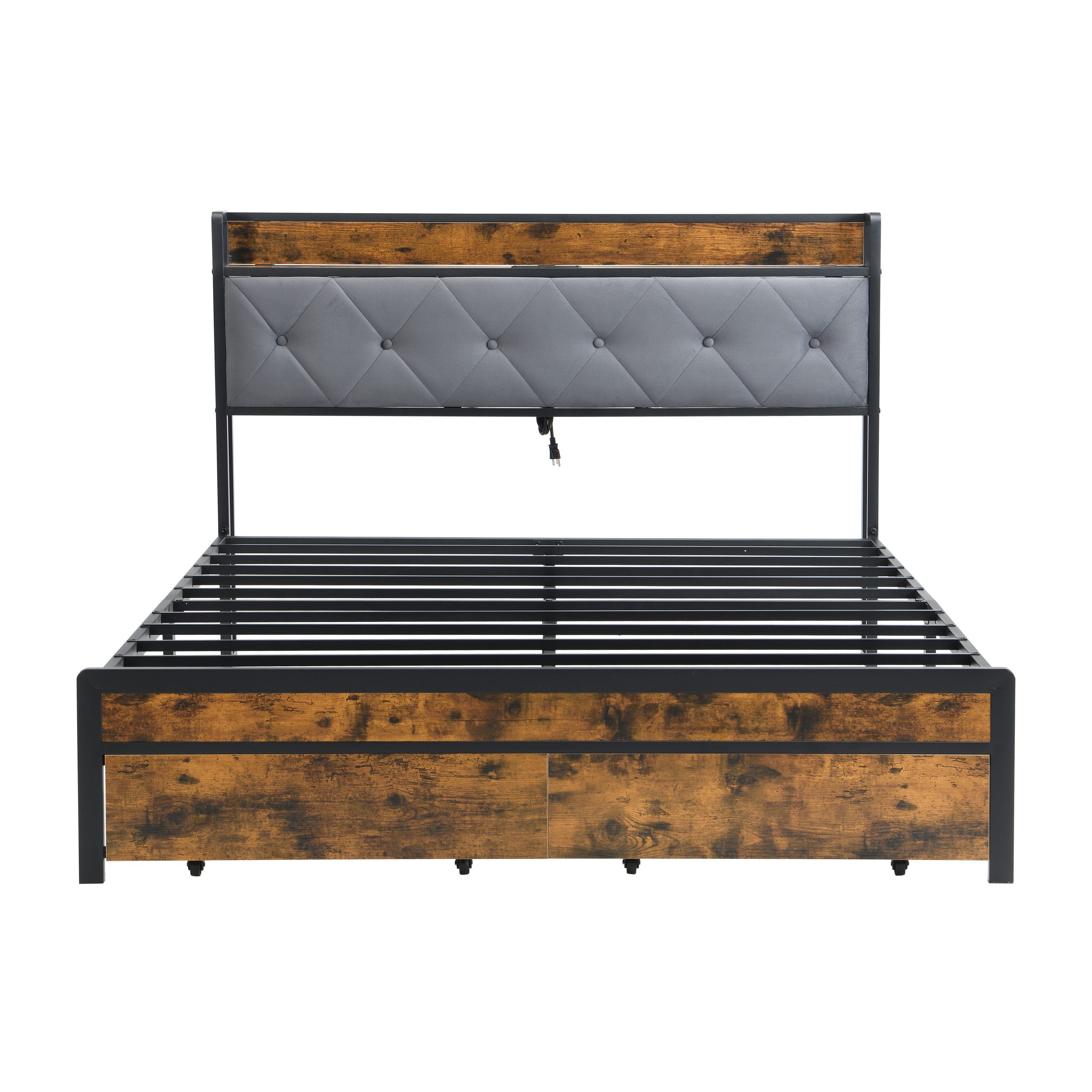 Full Bed Frame with Storage, Bed Frame with LED Lights Upholstered Headboard and 2 Drawers, USB & Charging Station, No Box Spring Needed, Easy Assembly, Grey F - Image 4