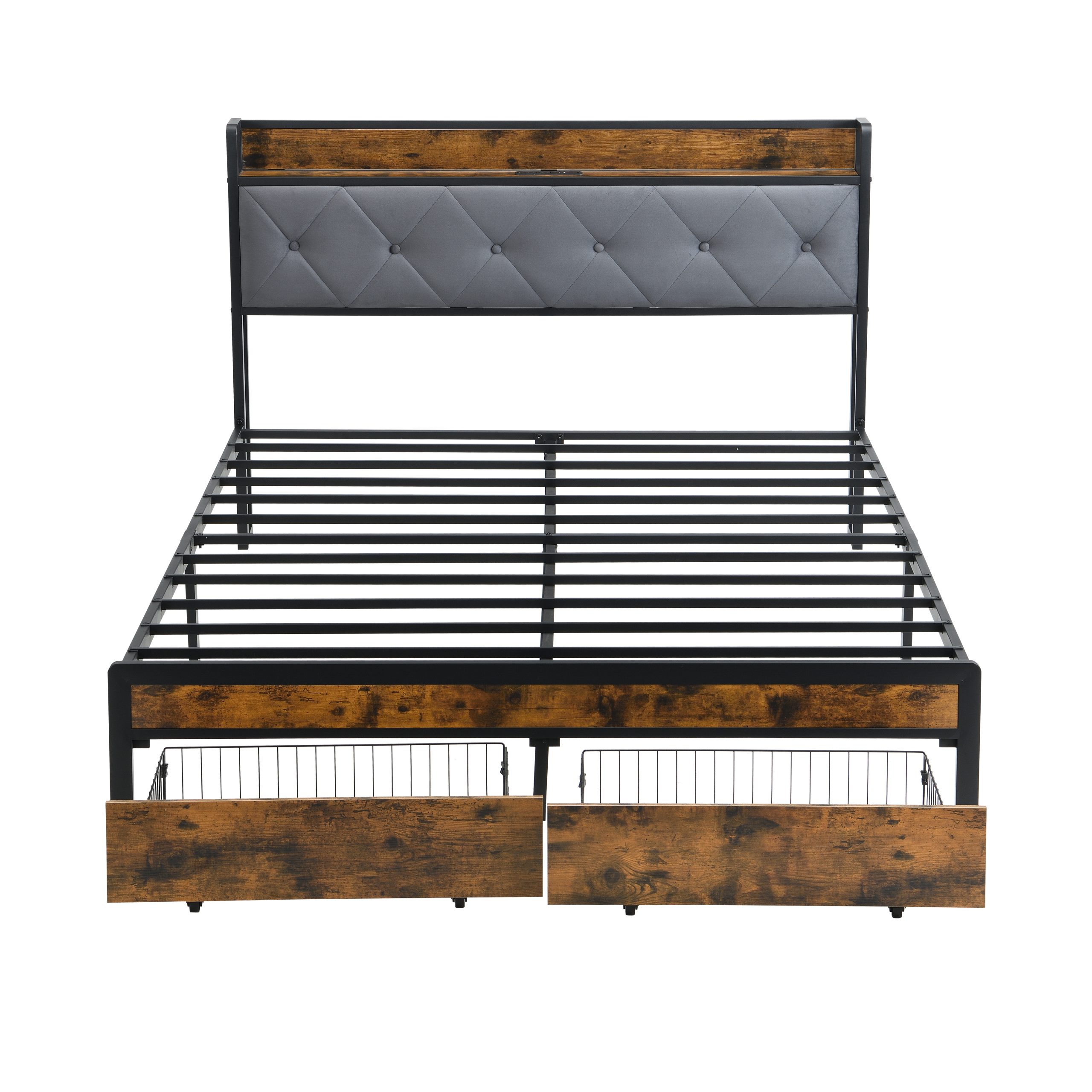 Full Bed Frame with Storage, Bed Frame with LED Lights Upholstered Headboard and 2 Drawers, USB & Charging Station, No Box Spring Needed, Easy Assembly, Grey F - Image 5