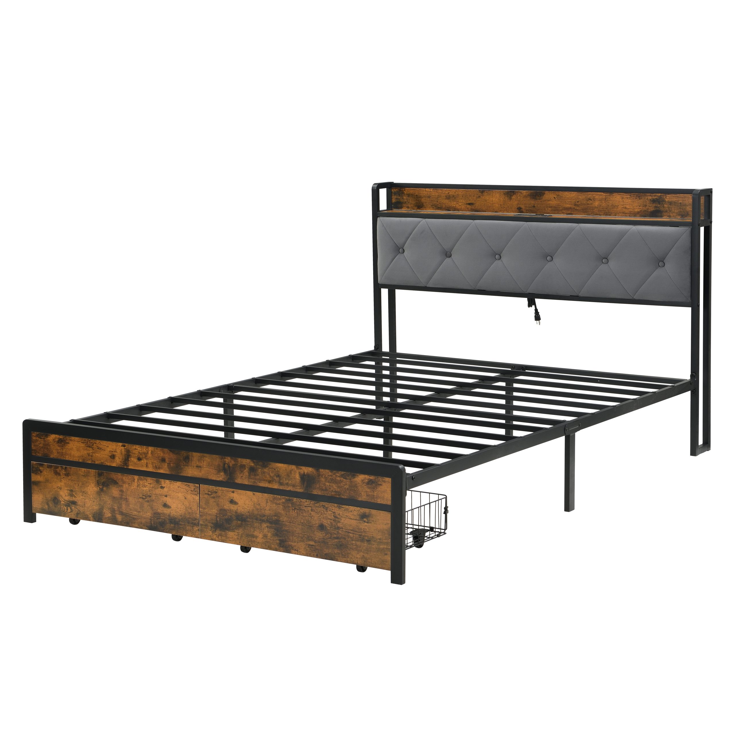Full Bed Frame with Storage, Bed Frame with LED Lights Upholstered Headboard and 2 Drawers, USB & Charging Station, No Box Spring Needed, Easy Assembly, Grey F - Image 6