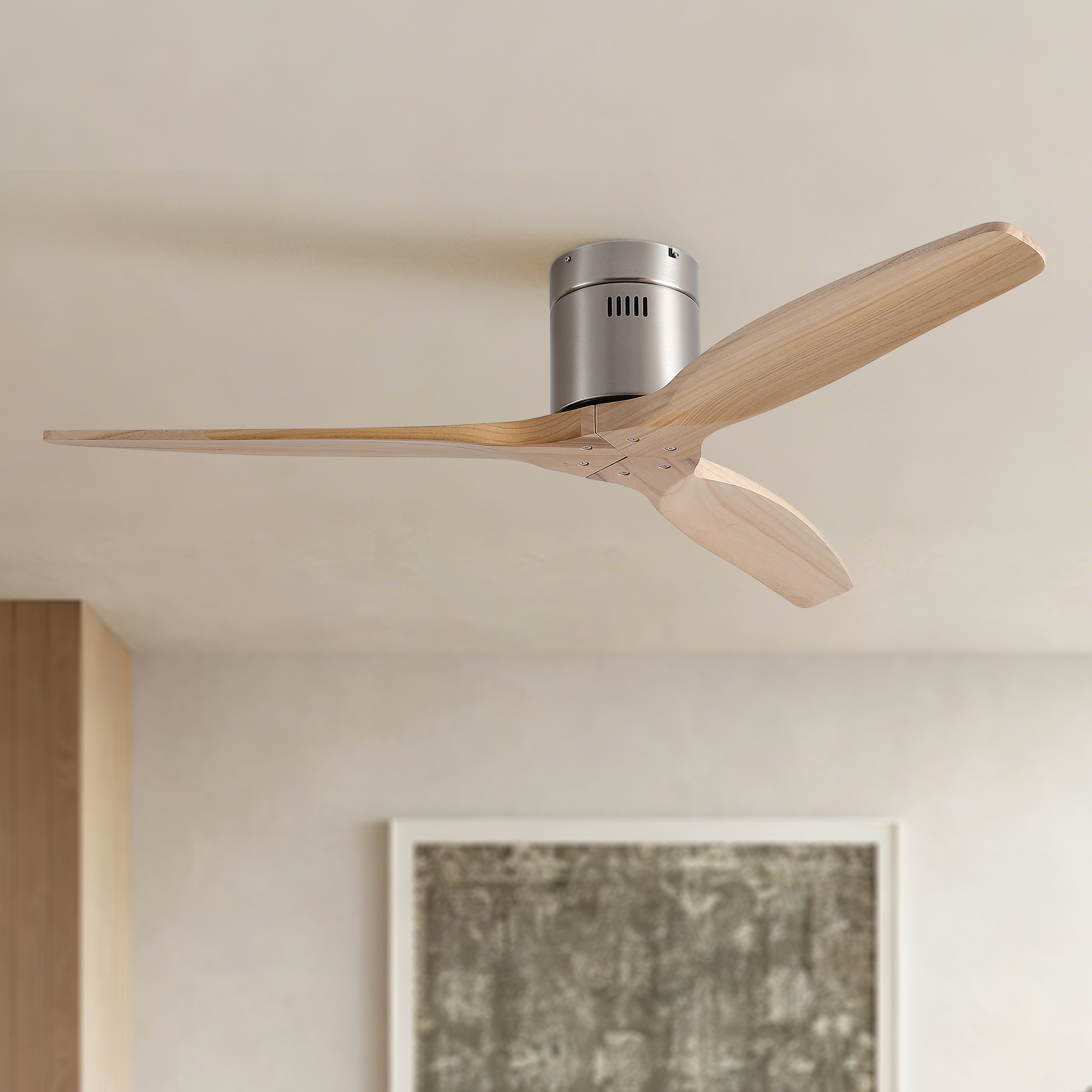 52 inch Mordern Natural Style Rustic Elegance Brushed Nickel Light Yellow Solid Wood Blades Low Profile Flush Mount Ceiling Fan without Light - Image 2