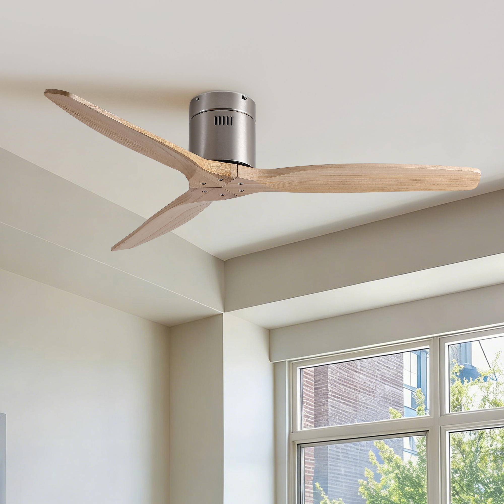 52 inch Mordern Natural Style Rustic Elegance Brushed Nickel Light Yellow Solid Wood Blades Low Profile Flush Mount Ceiling Fan without Light - Image 3