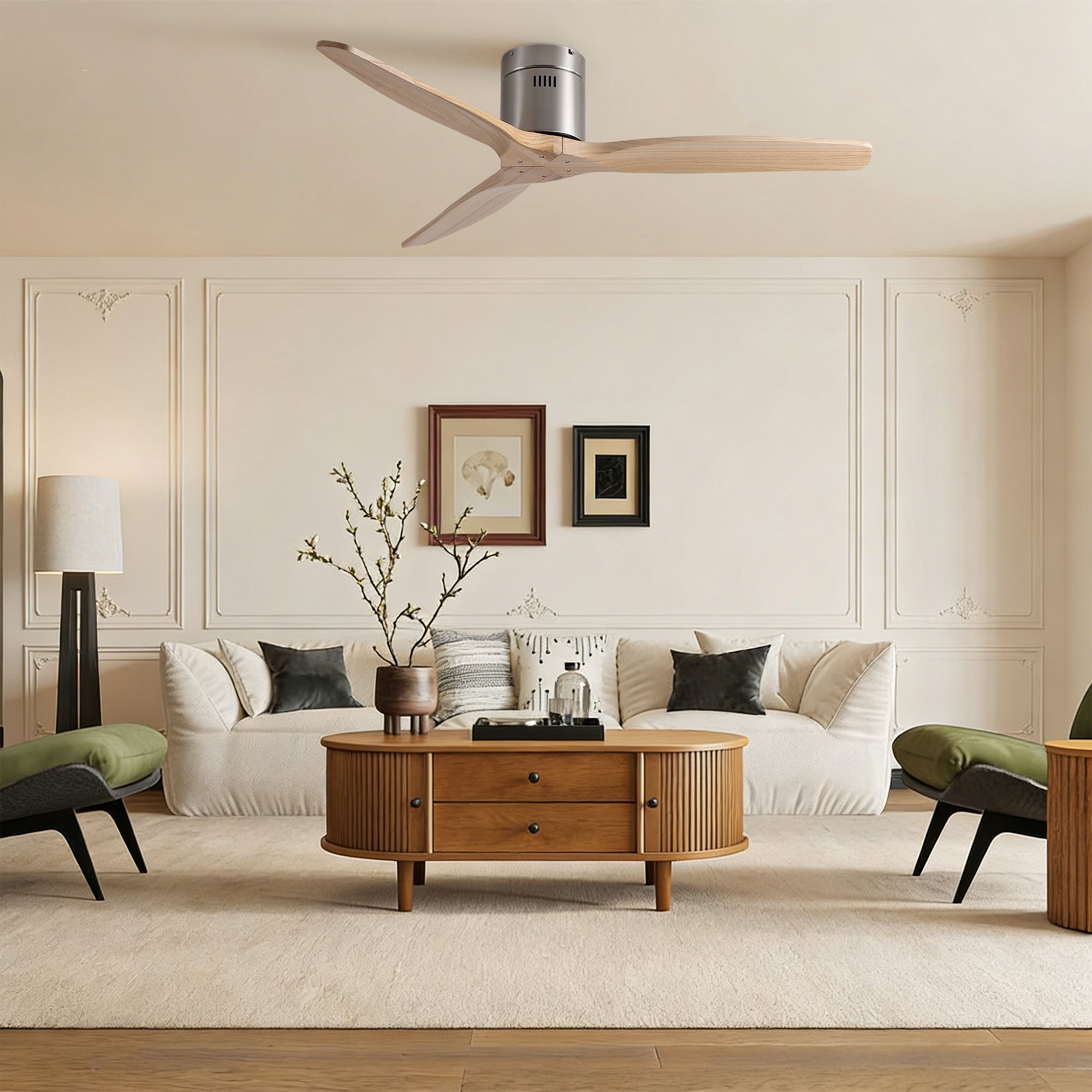 52 inch Mordern Natural Style Rustic Elegance Brushed Nickel Light Yellow Solid Wood Blades Low Profile Flush Mount Ceiling Fan without Light - Image 4