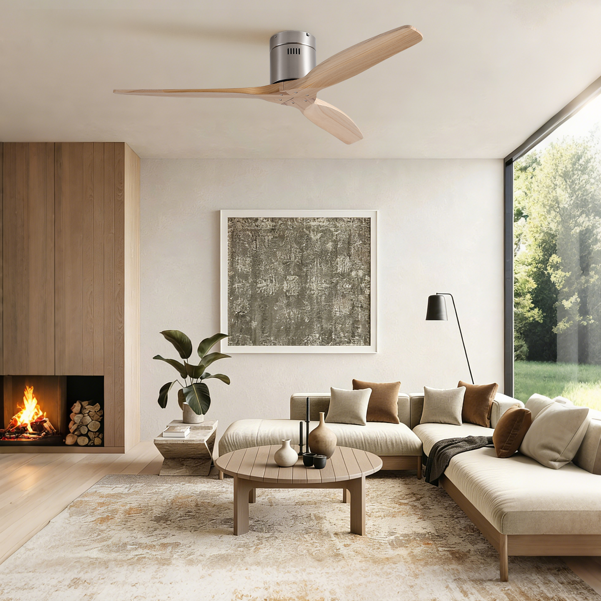 52 inch Mordern Natural Style Rustic Elegance Brushed Nickel Light Yellow Solid Wood Blades Low Profile Flush Mount Ceiling Fan without Light - Image 5