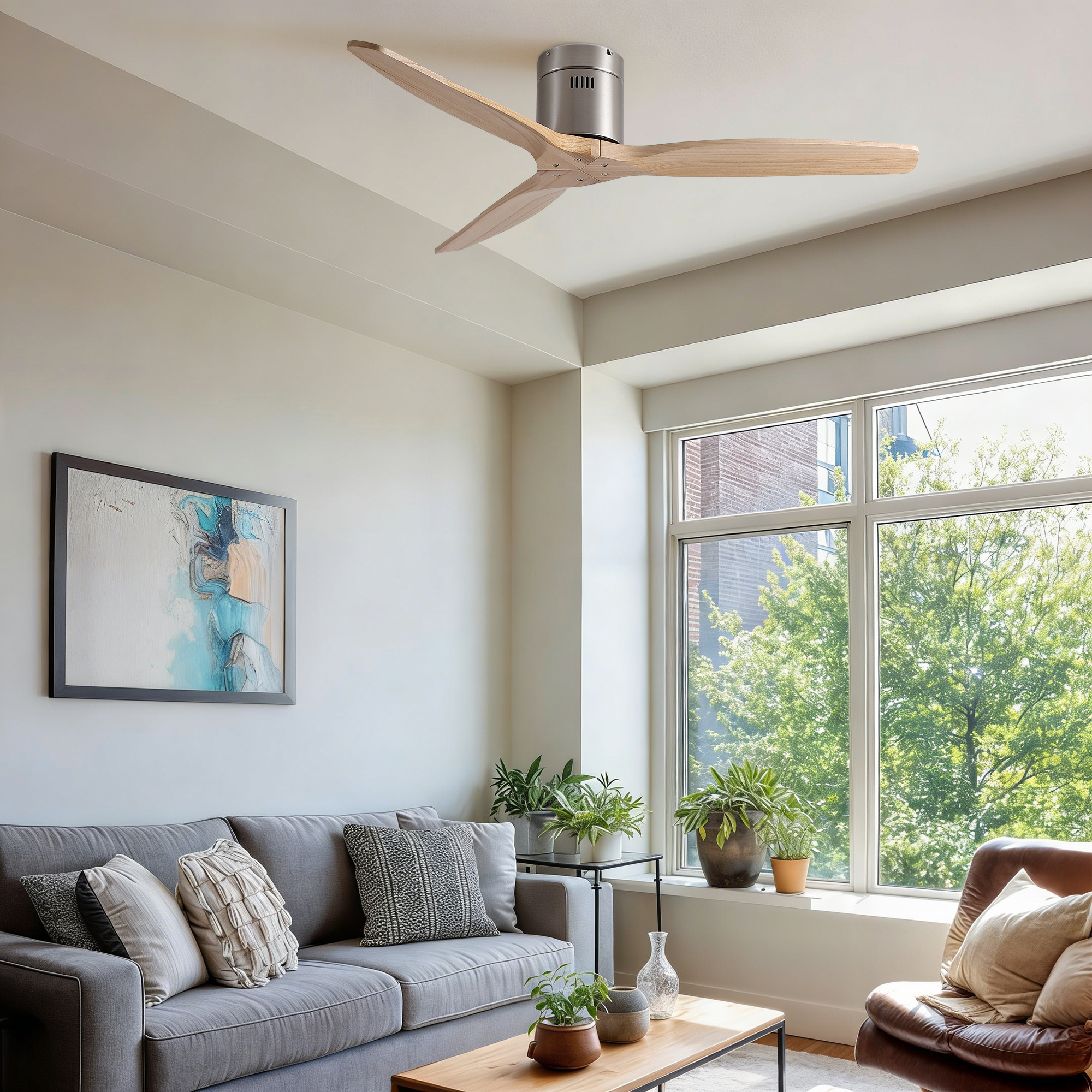 52 inch Mordern Natural Style Rustic Elegance Brushed Nickel Light Yellow Solid Wood Blades Low Profile Flush Mount Ceiling Fan without Light - Image 6