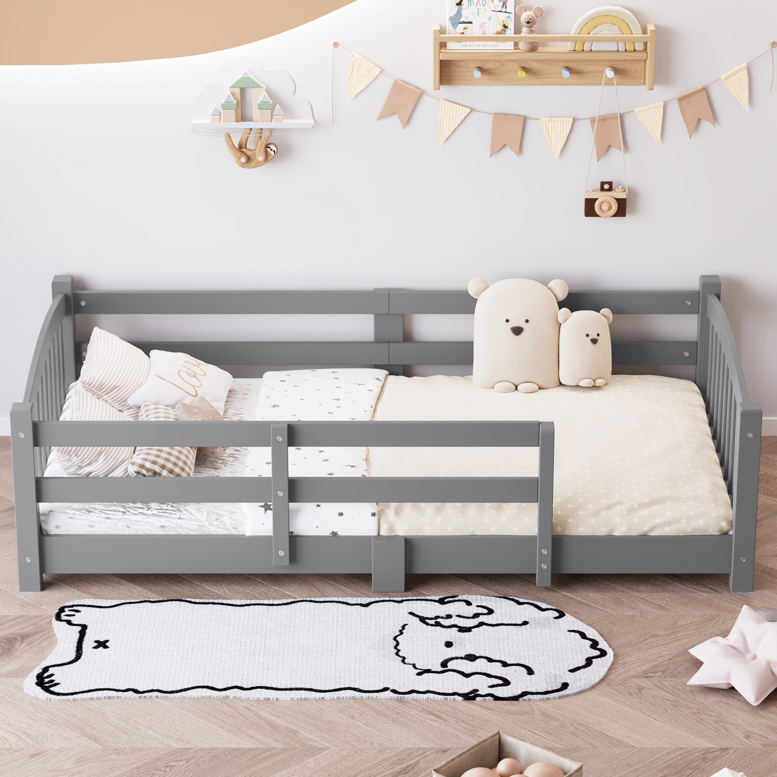 Twin Montessori Floor Bed with Slats and Safety Guardrails, Solid Wood Floor Bed with Fence and Without Door, Easy Assemble Montessori Bed for Girls and Boys, Gray - Image 1