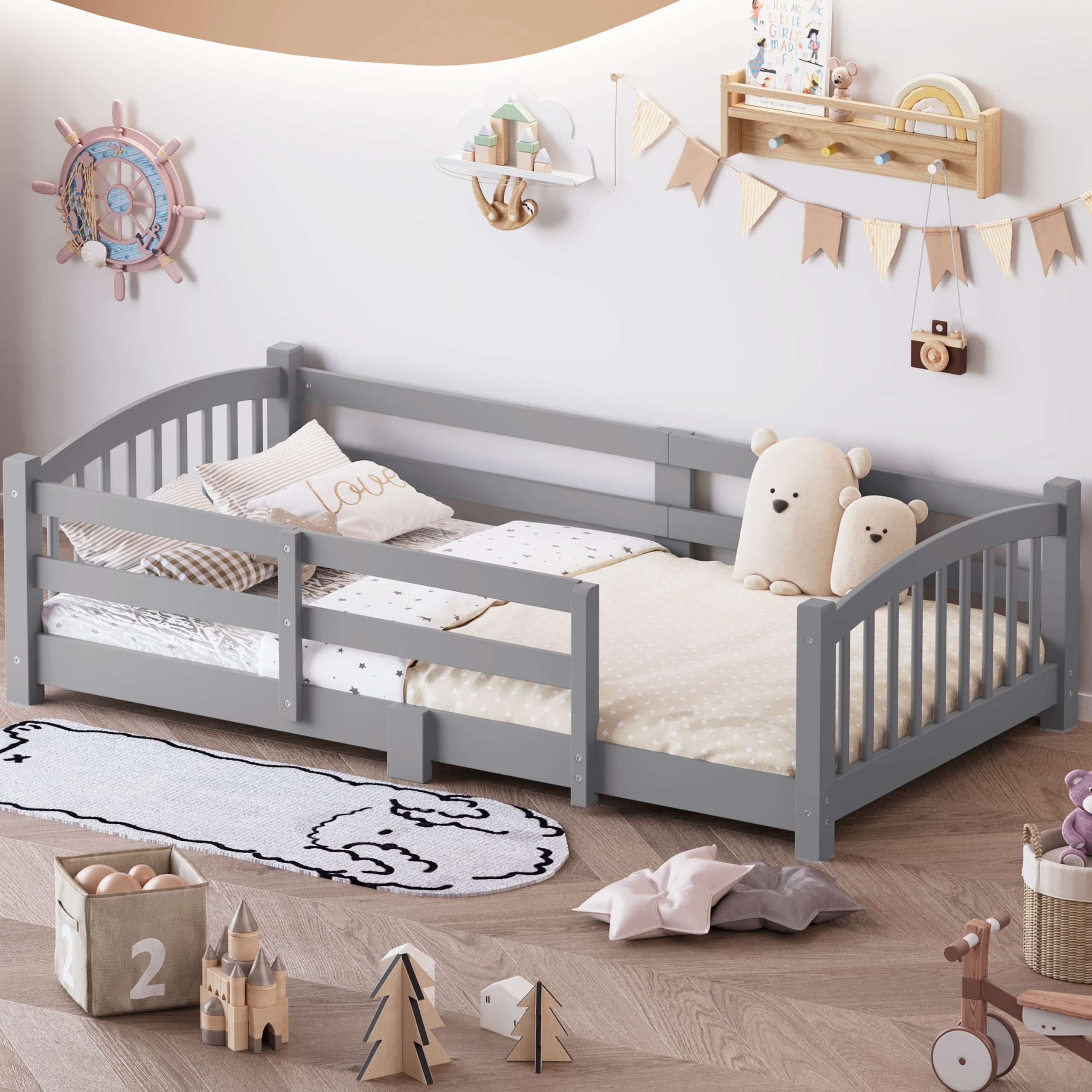 Twin Montessori Floor Bed with Slats and Safety Guardrails, Solid Wood Floor Bed with Fence and Without Door, Easy Assemble Montessori Bed for Girls and Boys, Gray - Image 2