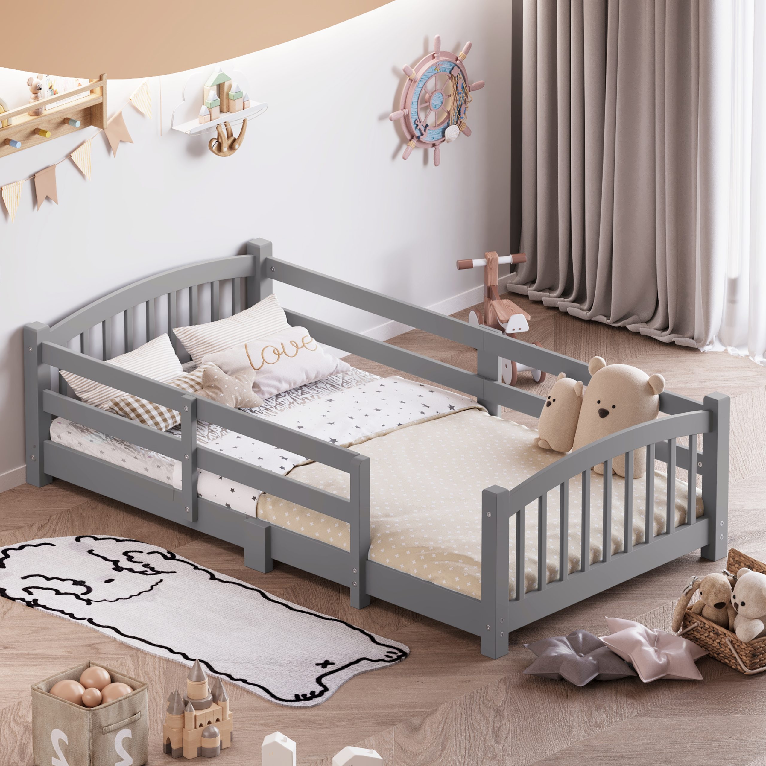 Twin Montessori Floor Bed with Slats and Safety Guardrails, Solid Wood Floor Bed with Fence and Without Door, Easy Assemble Montessori Bed for Girls and Boys, Gray - Image 3