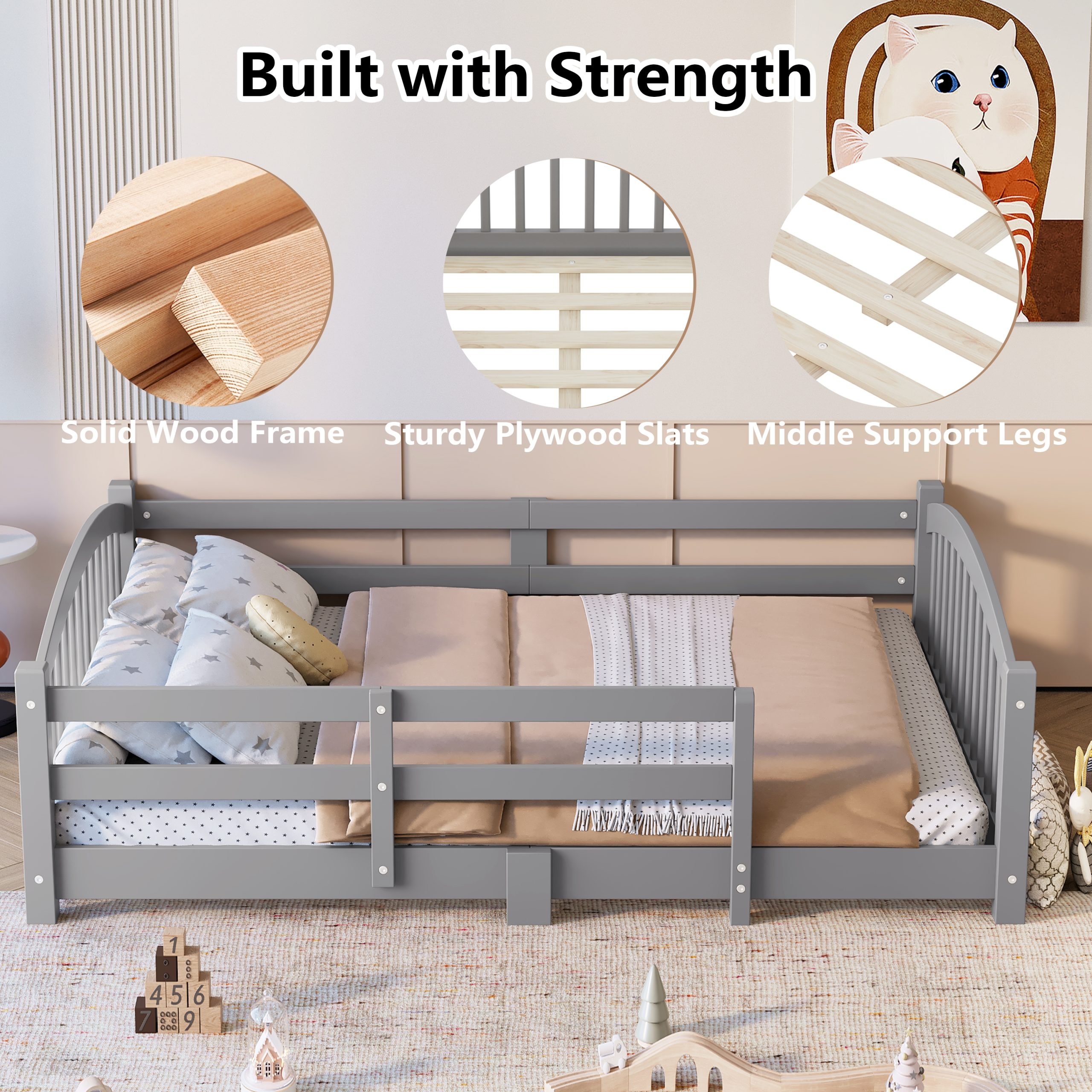 Twin Montessori Floor Bed with Slats and Safety Guardrails, Solid Wood Floor Bed with Fence and Without Door, Easy Assemble Montessori Bed for Girls and Boys, Gray - Image 4