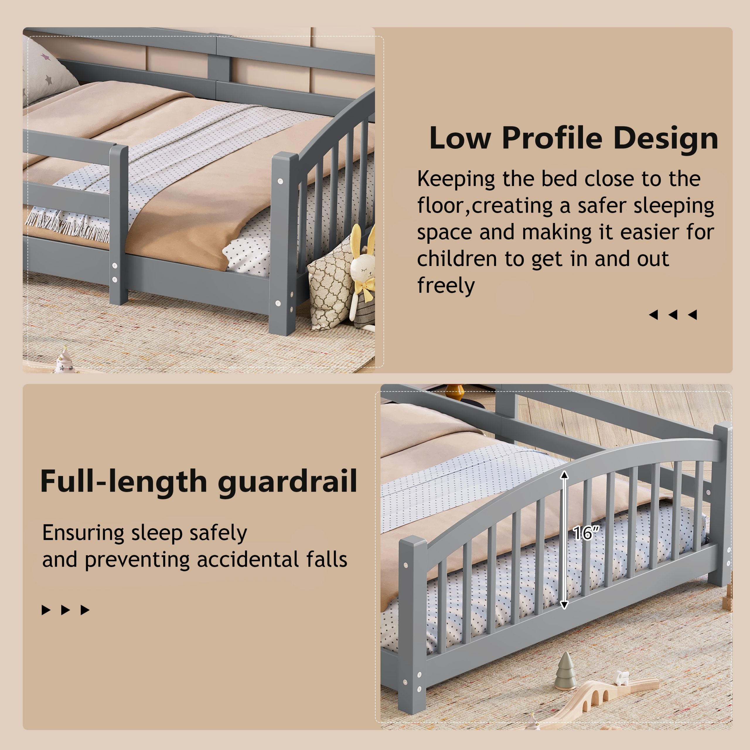 Twin Montessori Floor Bed with Slats and Safety Guardrails, Solid Wood Floor Bed with Fence and Without Door, Easy Assemble Montessori Bed for Girls and Boys, Gray - Image 5