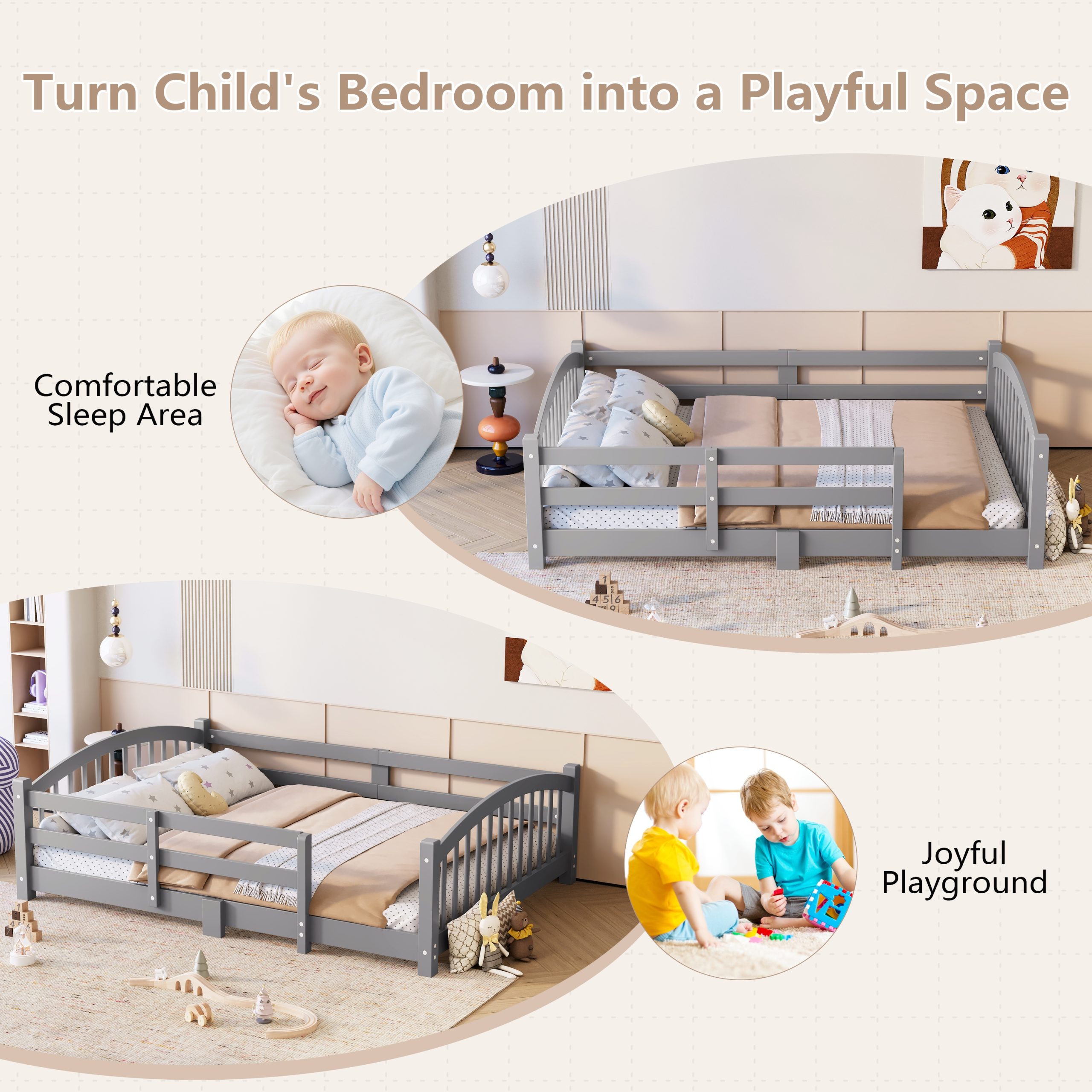 Twin Montessori Floor Bed with Slats and Safety Guardrails, Solid Wood Floor Bed with Fence and Without Door, Easy Assemble Montessori Bed for Girls and Boys, Gray - Image 6