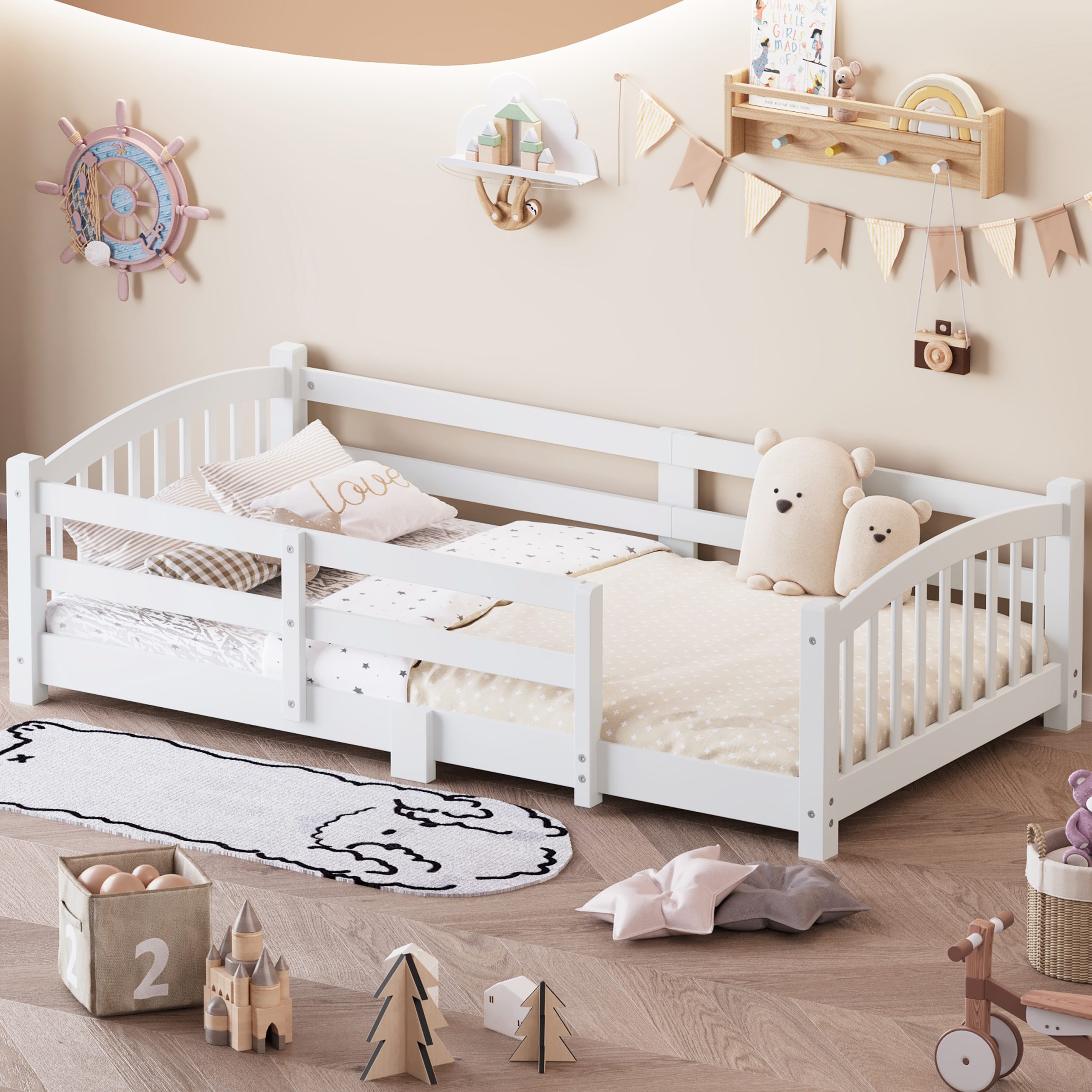 Twin Montessori Floor Bed with Slats and Safety Guardrails, Solid Wood Floor Bed with Fence and Without Door, Easy Assemble Montessori Bed for Girls and Boys, White - Image 2