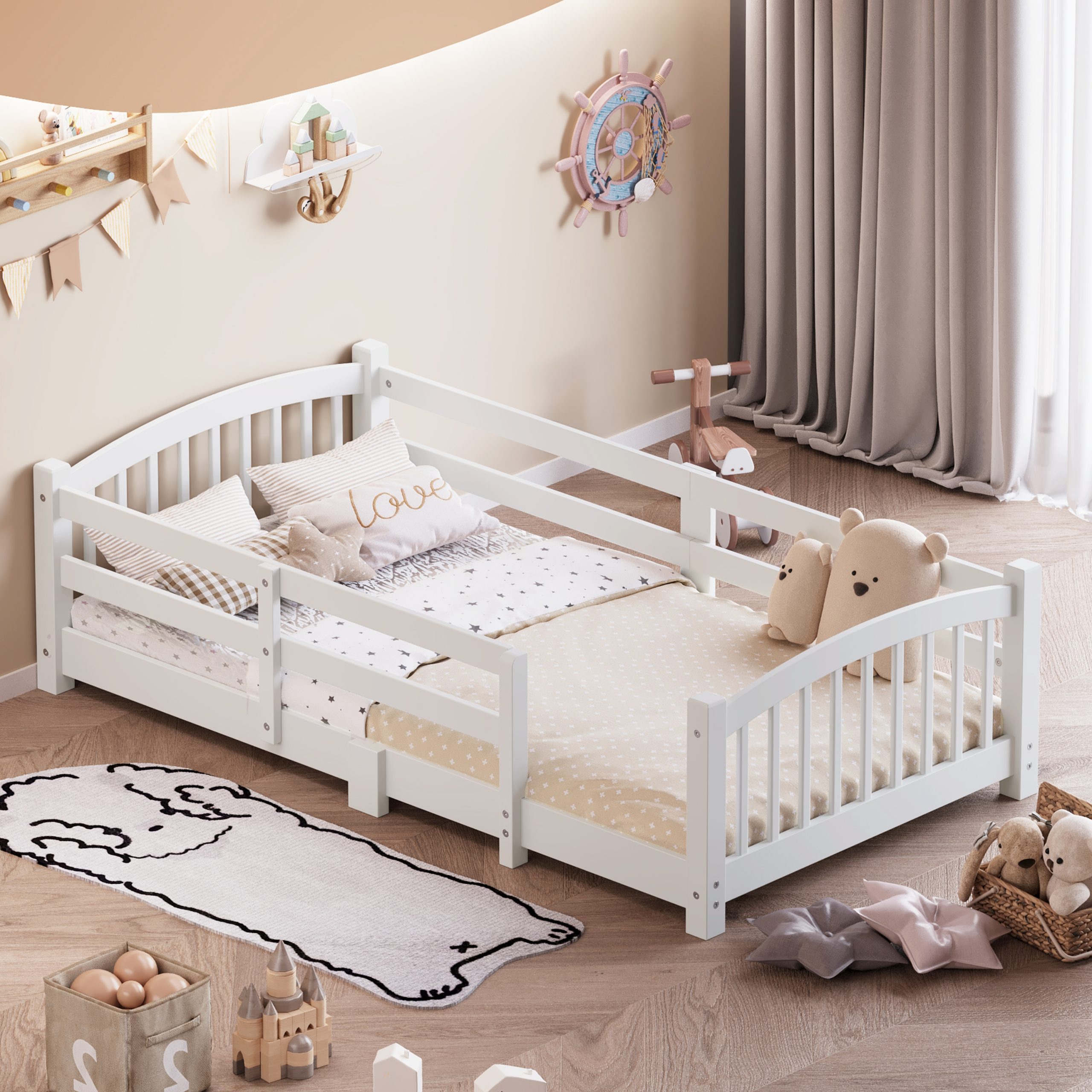 Twin Montessori Floor Bed with Slats and Safety Guardrails, Solid Wood Floor Bed with Fence and Without Door, Easy Assemble Montessori Bed for Girls and Boys, White - Image 3