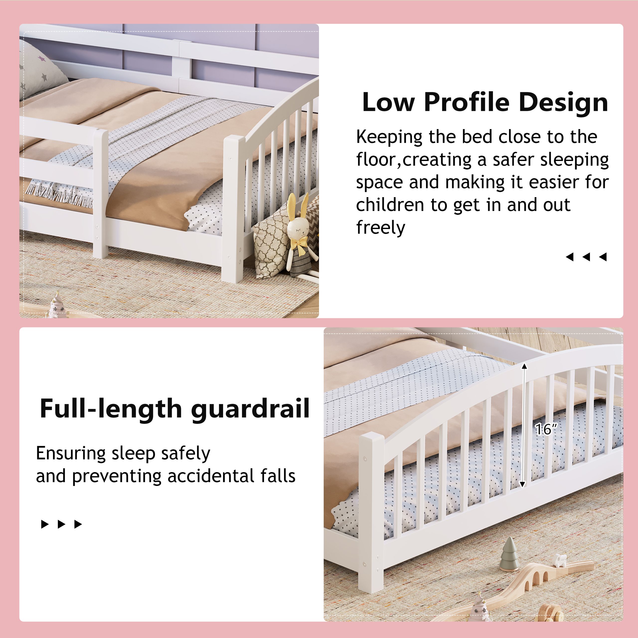 Full Montessori Floor Bed with Slats and Safety Guardrails, Solid Wood Floor Bed with Fence and Without Door, Easy Assemble Montessori Bed for Girls and Boys, White - Image 5