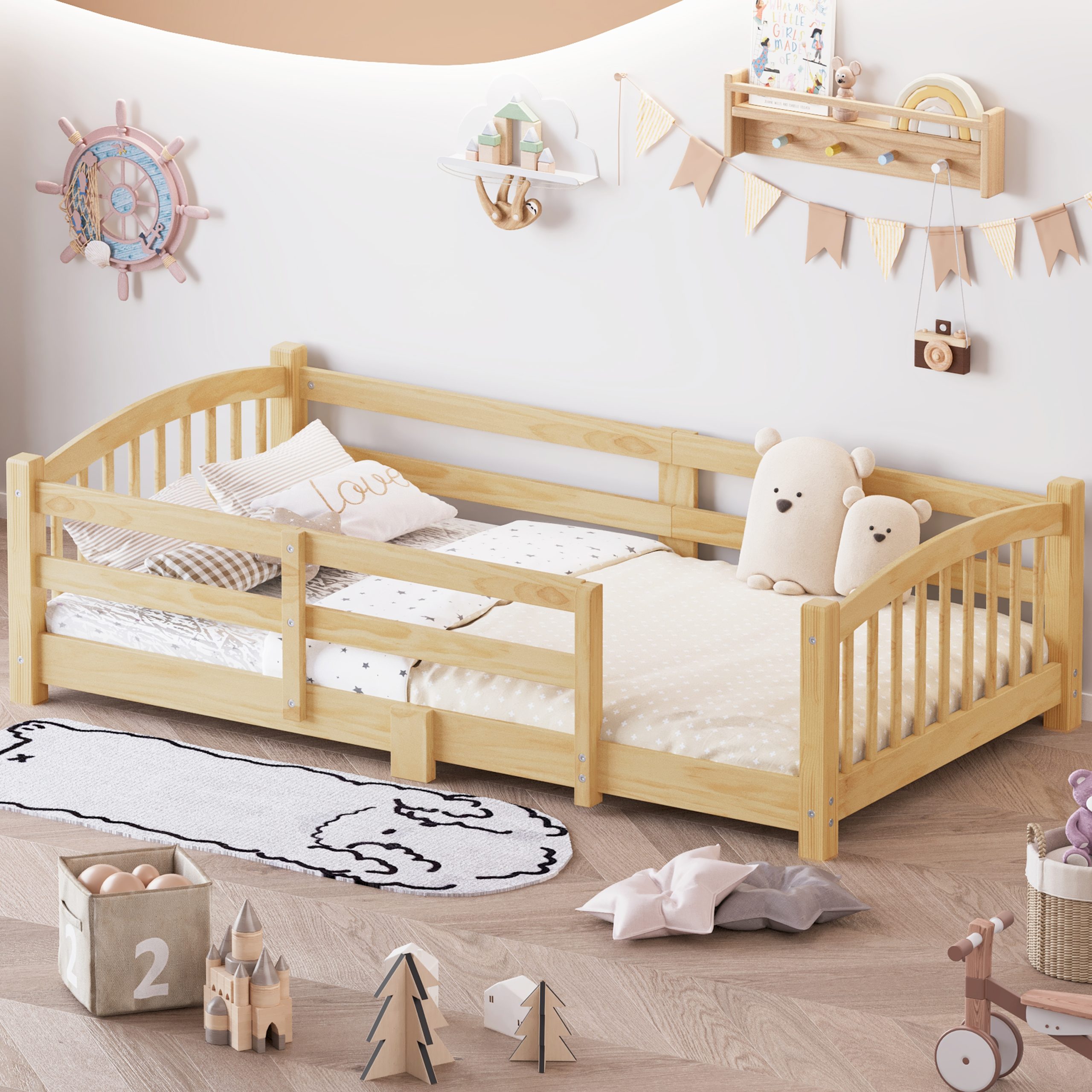 Twin Montessori Floor Bed with Slats and Safety Guardrails, Solid Wood Floor Bed with Fence and Without Door, Easy Assemble Montessori Bed for Girls and Boys, Natural - Image 2