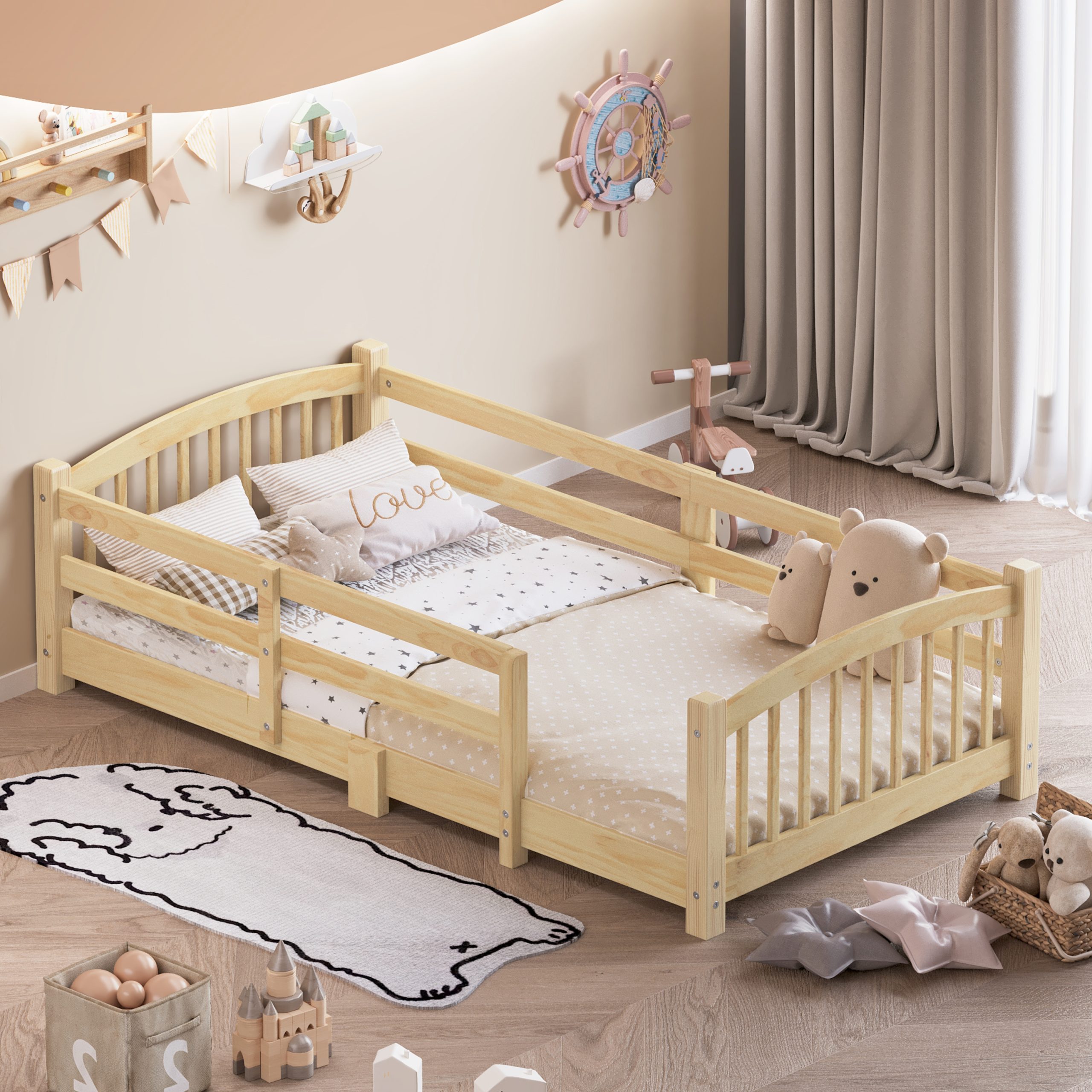 Twin Montessori Floor Bed with Slats and Safety Guardrails, Solid Wood Floor Bed with Fence and Without Door, Easy Assemble Montessori Bed for Girls and Boys, Natural - Image 3