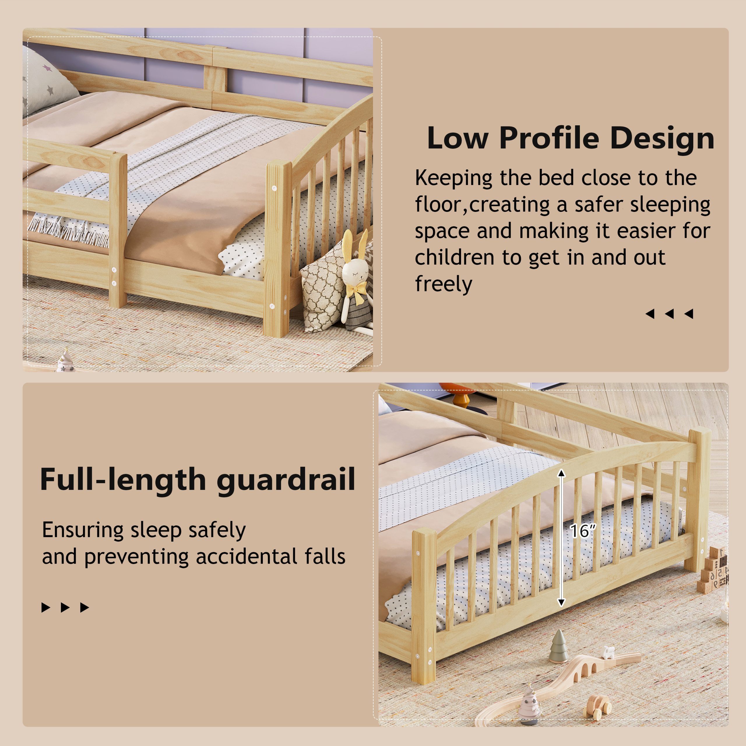 Twin Montessori Floor Bed with Slats and Safety Guardrails, Solid Wood Floor Bed with Fence and Without Door, Easy Assemble Montessori Bed for Girls and Boys, Natural - Image 5
