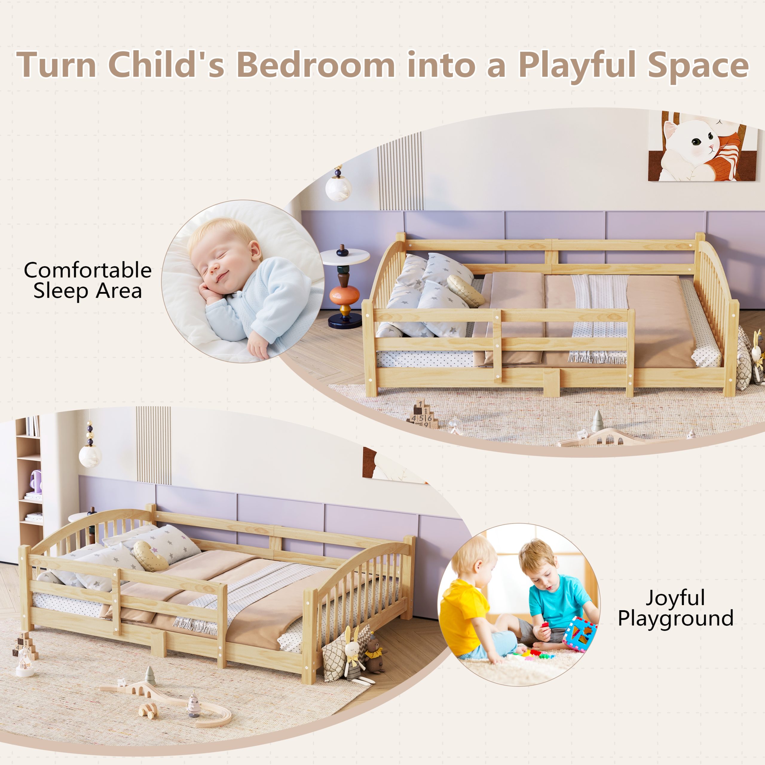 Twin Montessori Floor Bed with Slats and Safety Guardrails, Solid Wood Floor Bed with Fence and Without Door, Easy Assemble Montessori Bed for Girls and Boys, Natural - Image 6
