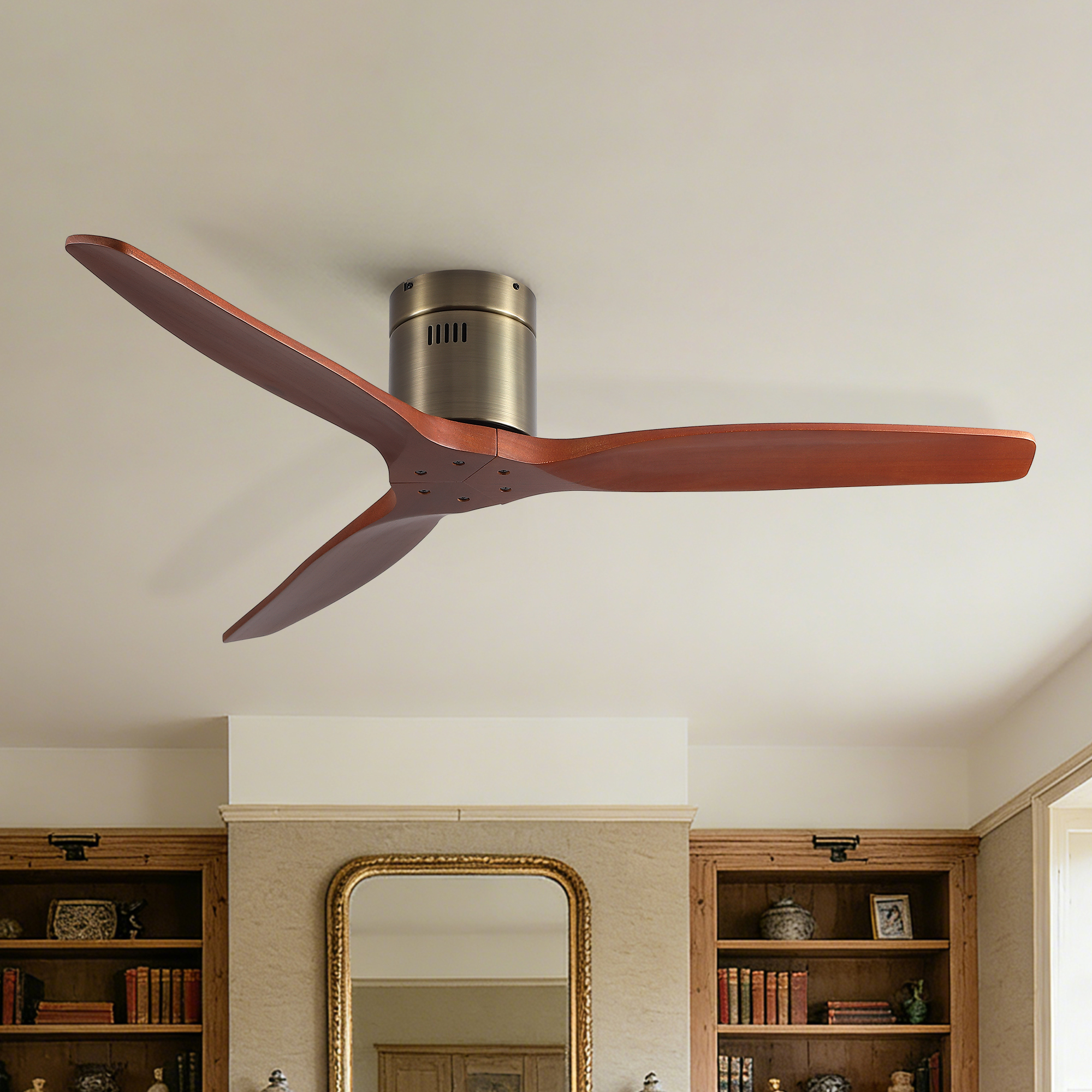 52 inch American Farmhouse Rustic Elegance Classical Solid Wood Low Profile Flush Mount Ceiling Fan without Light - Image 3