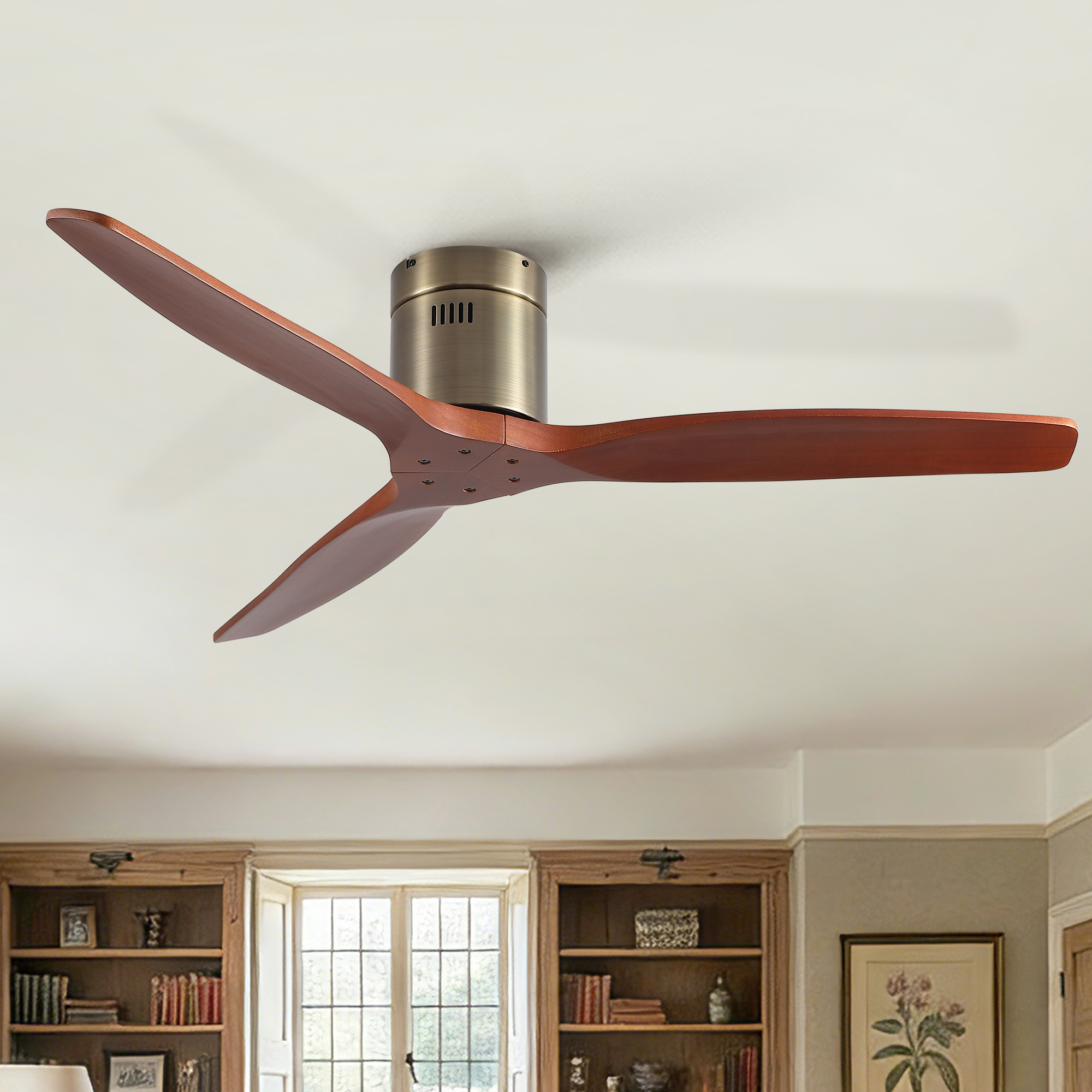 52 inch American Farmhouse Rustic Elegance Classical Solid Wood Low Profile Flush Mount Ceiling Fan without Light - Image 2