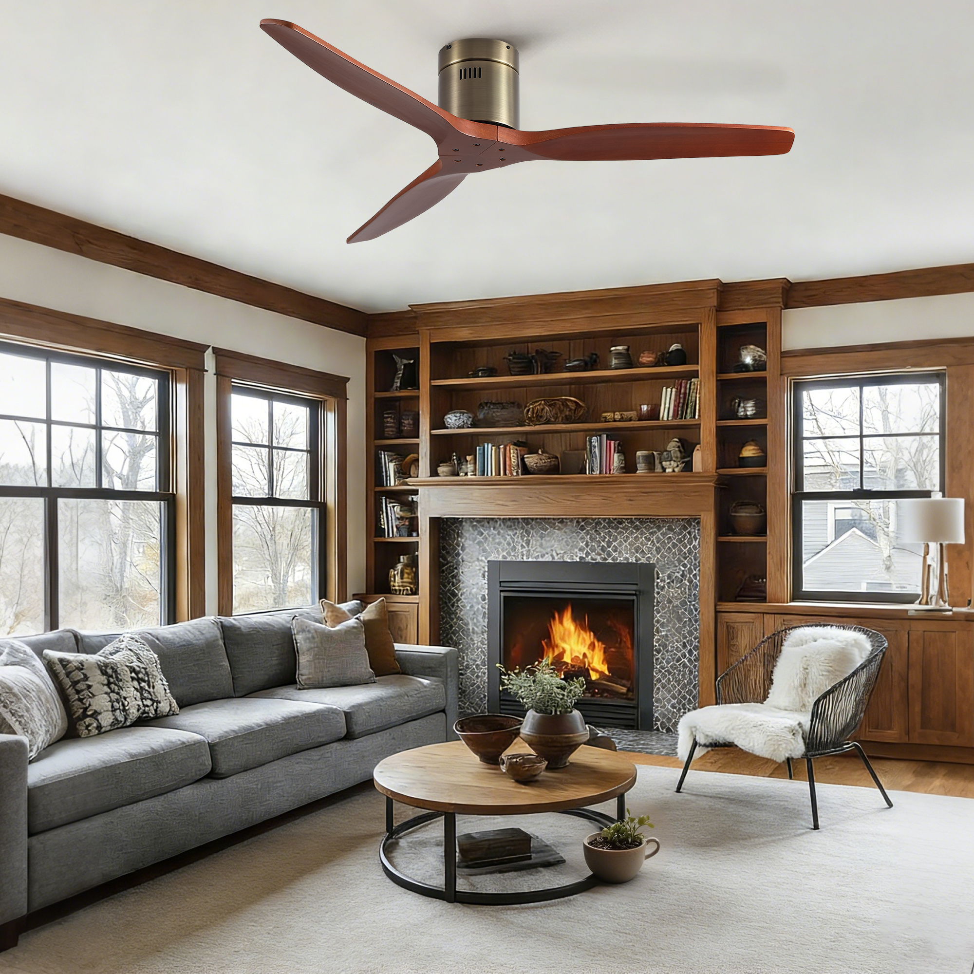 52 inch American Farmhouse Rustic Elegance Classical Solid Wood Low Profile Flush Mount Ceiling Fan without Light - Image 4
