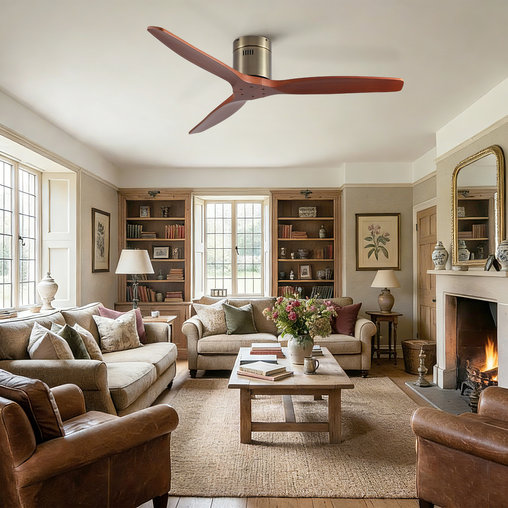 52 inch American Farmhouse Rustic Elegance Classical Solid Wood Low Profile Flush Mount Ceiling Fan without Light - Image 5