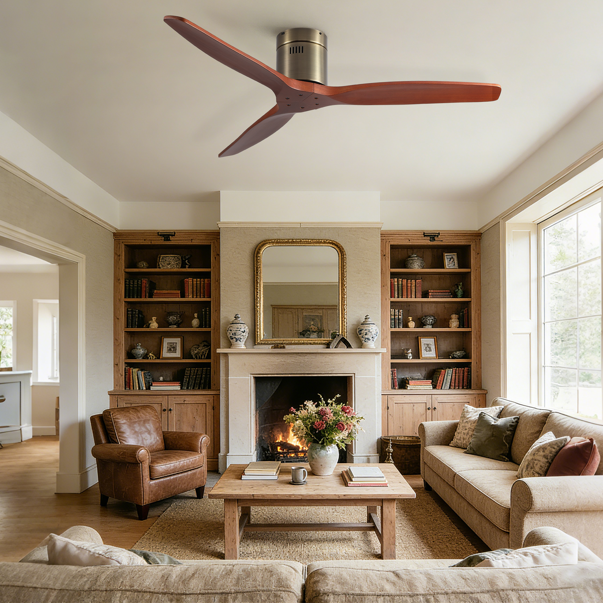52 inch American Farmhouse Rustic Elegance Classical Solid Wood Low Profile Flush Mount Ceiling Fan without Light - Image 6