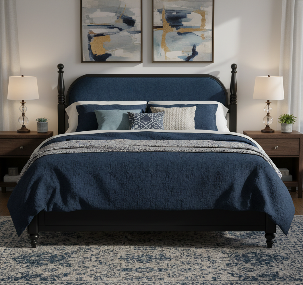 King Bed Frame, Solid Wood Platform with Slats, Modern Navy Blue & Black Bedroom Furniture, No Box Spring Needed - Image 1