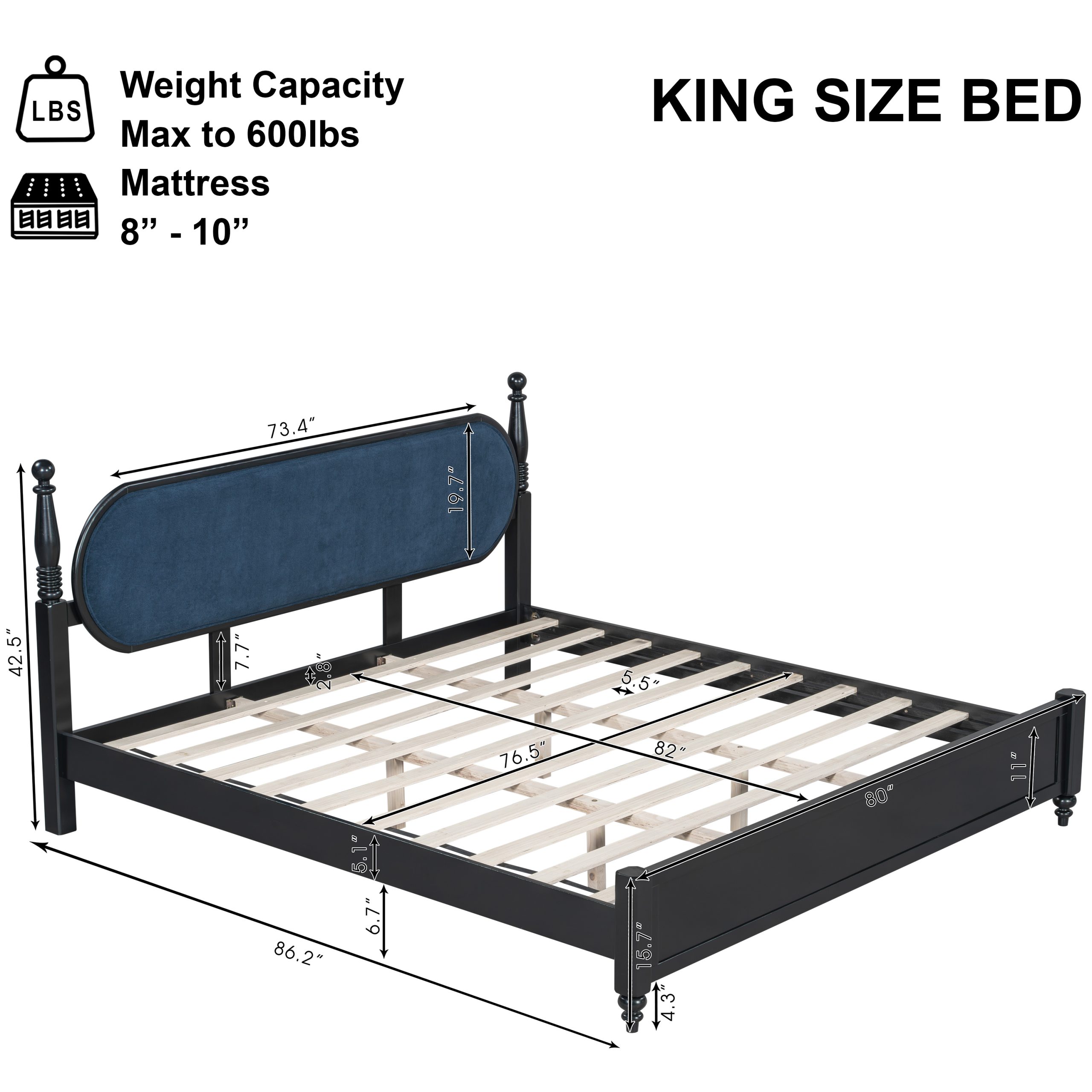 King Bed Frame, Solid Wood Platform with Slats, Modern Navy Blue & Black Bedroom Furniture, No Box Spring Needed - Image 2