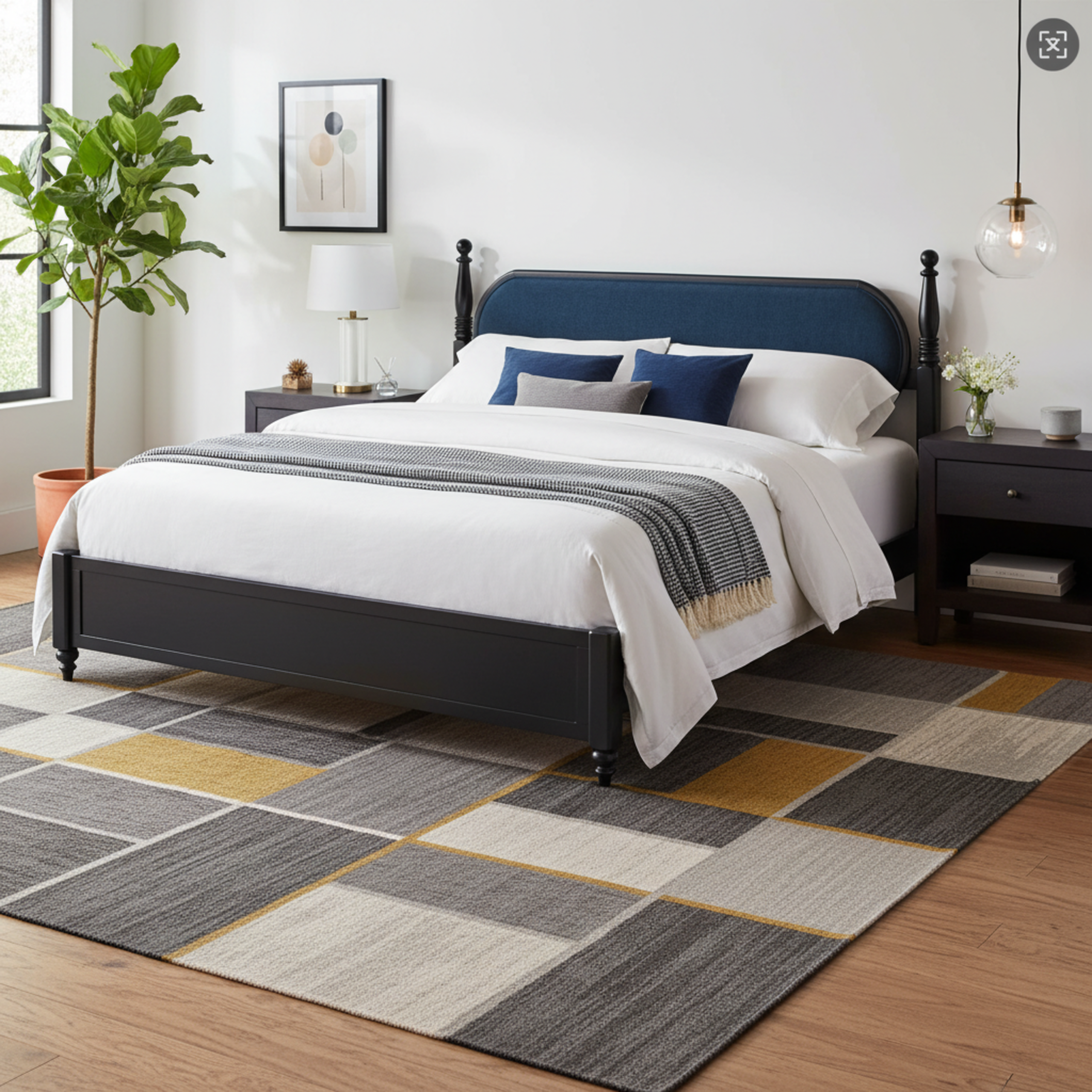 King Bed Frame, Solid Wood Platform with Slats, Modern Navy Blue & Black Bedroom Furniture, No Box Spring Needed - Image 3