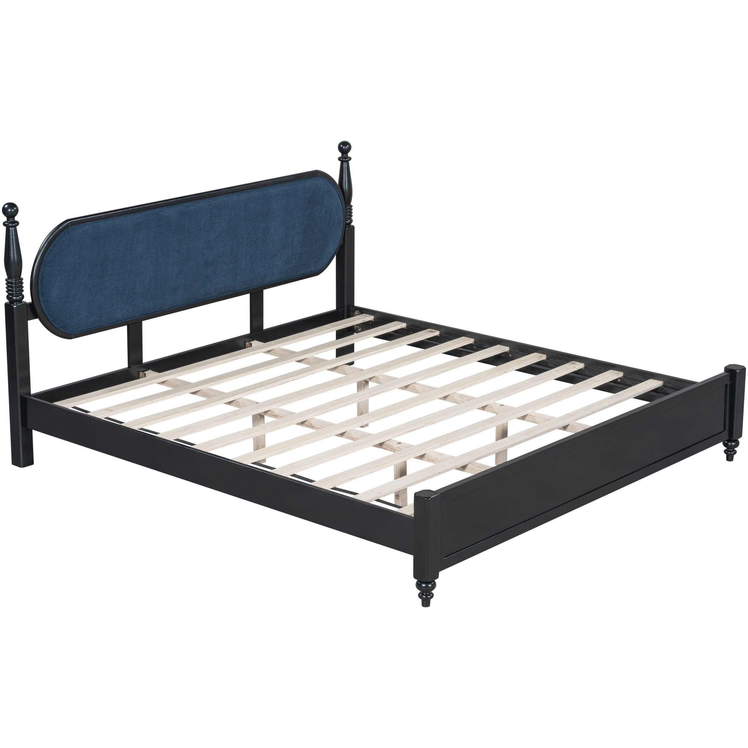 King Bed Frame, Solid Wood Platform with Slats, Modern Navy Blue & Black Bedroom Furniture, No Box Spring Needed - Image 4