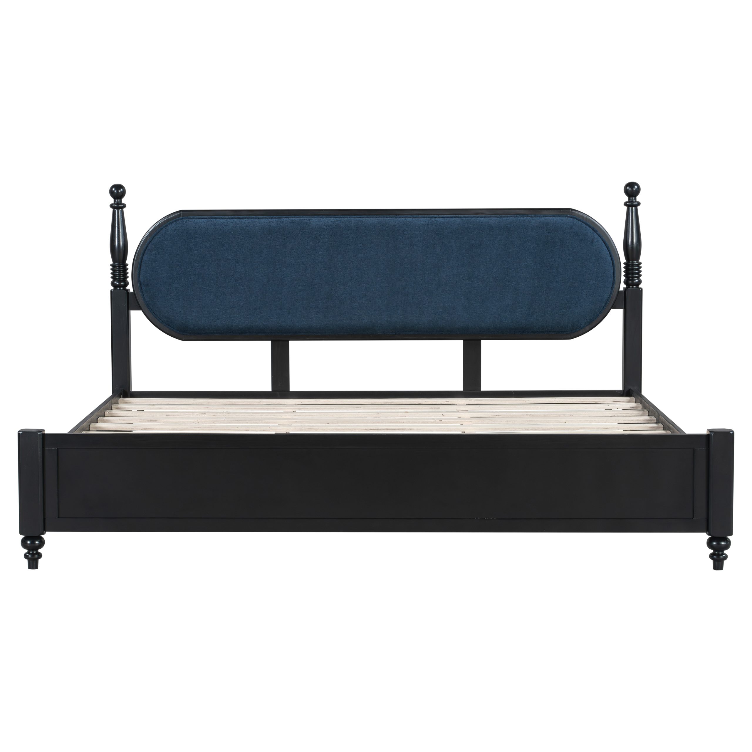 King Bed Frame, Solid Wood Platform with Slats, Modern Navy Blue & Black Bedroom Furniture, No Box Spring Needed - Image 5