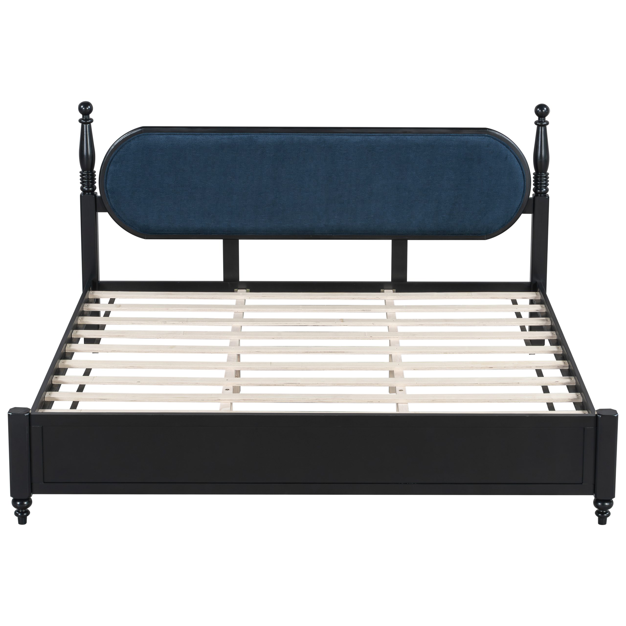 King Bed Frame, Solid Wood Platform with Slats, Modern Navy Blue & Black Bedroom Furniture, No Box Spring Needed - Image 6