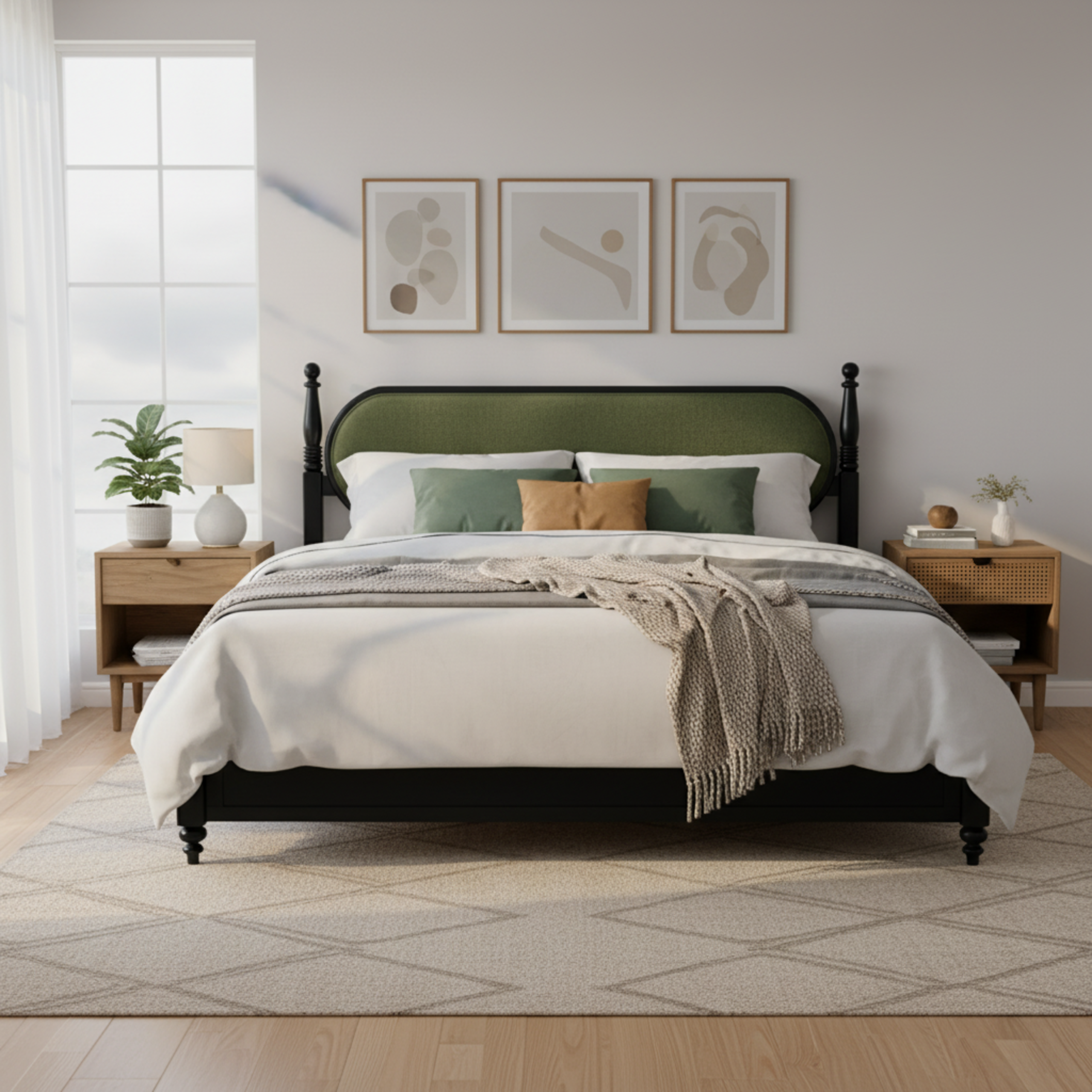 King Bed Frame, Solid Wood Platform with Slats, Modern Green & Black Bedroom Furniture, No Box Spring Needed - Image 1