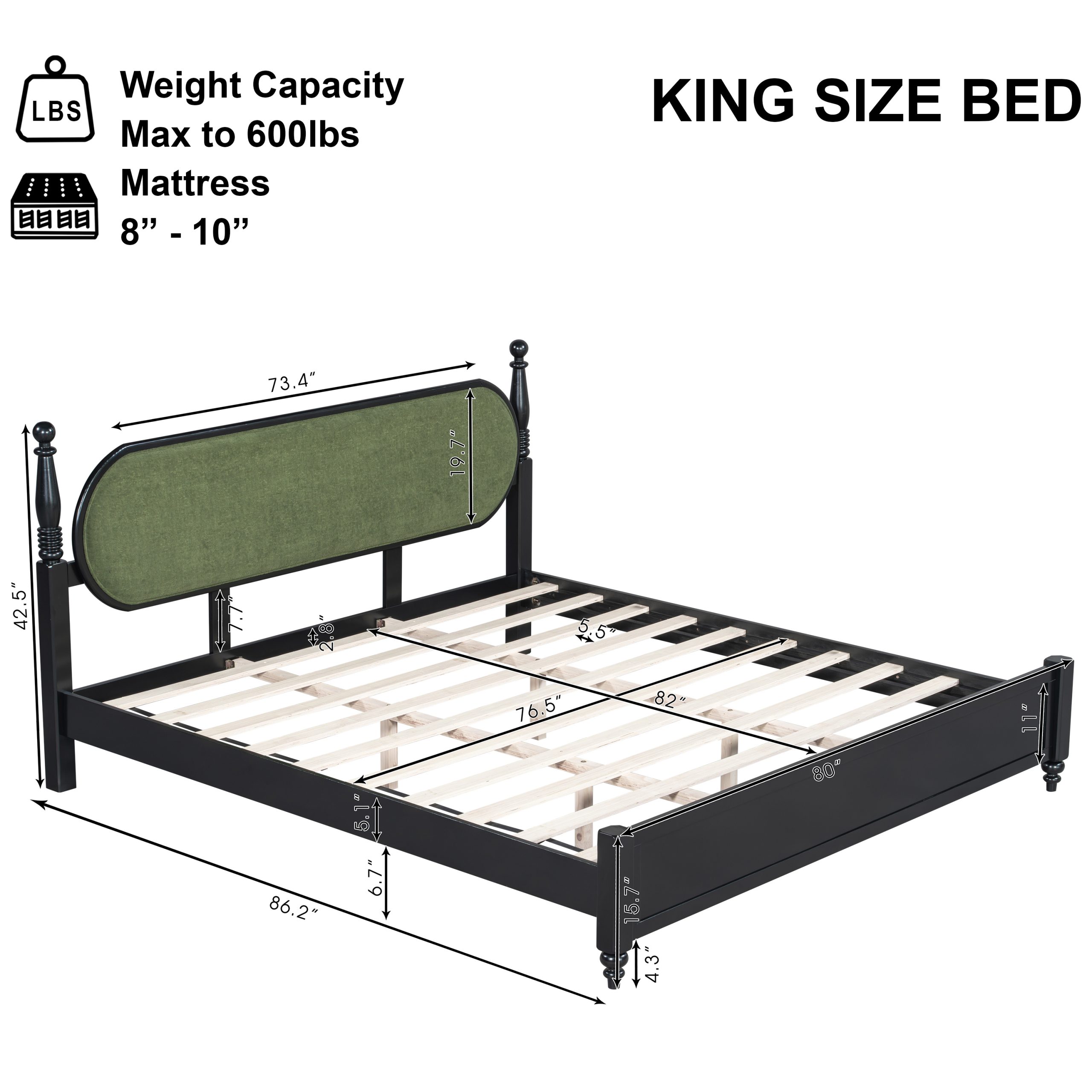 King Bed Frame, Solid Wood Platform with Slats, Modern Green & Black Bedroom Furniture, No Box Spring Needed - Image 2
