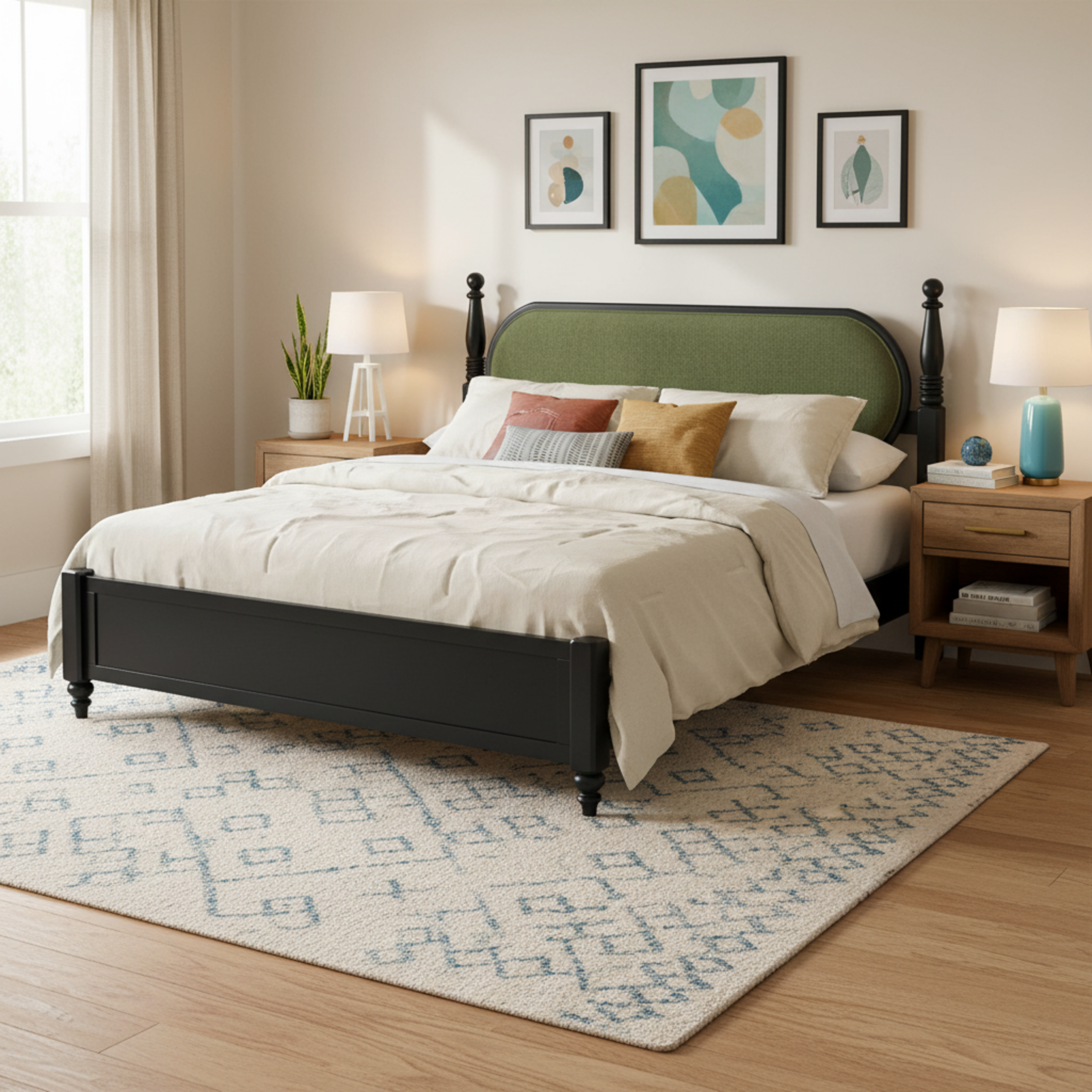 King Bed Frame, Solid Wood Platform with Slats, Modern Green & Black Bedroom Furniture, No Box Spring Needed - Image 3