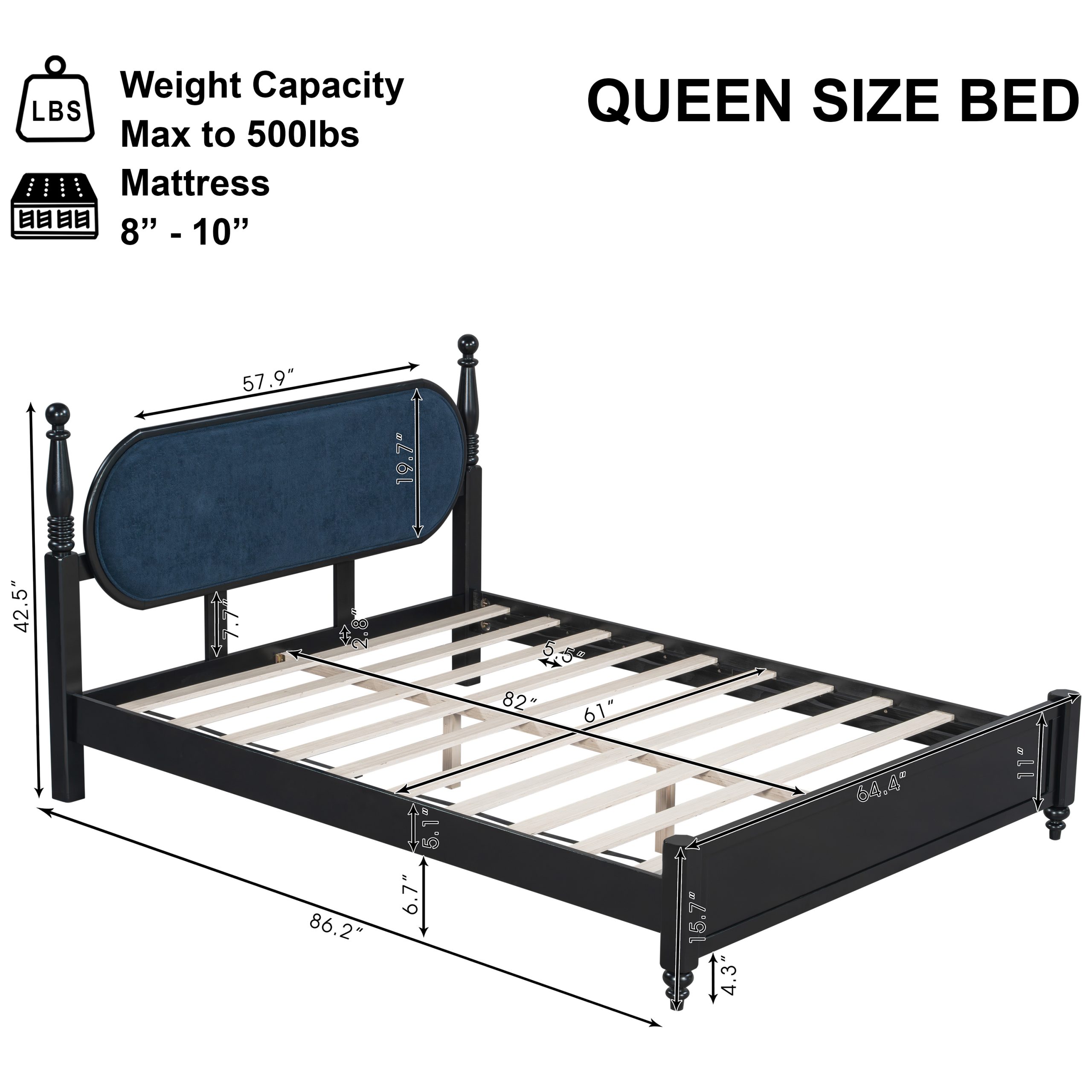 Queen Bed Frame, Solid Wood Platform with Slats, Navy Blue & Black Upholstered Headboard, Modern No Box Spring Needed - Image 2