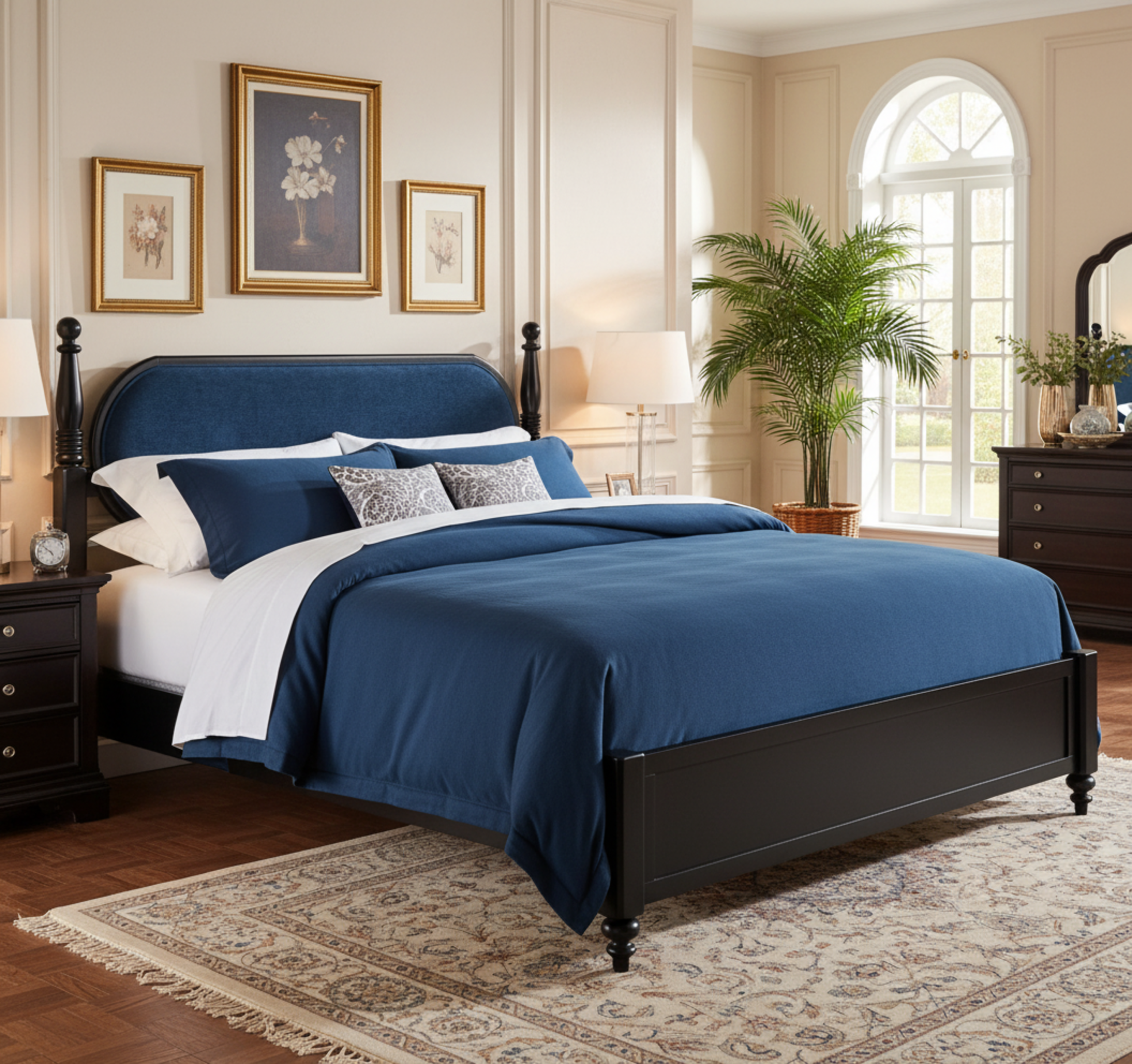 Queen Bed Frame, Solid Wood Platform with Slats, Navy Blue & Black Upholstered Headboard, Modern No Box Spring Needed - Image 3