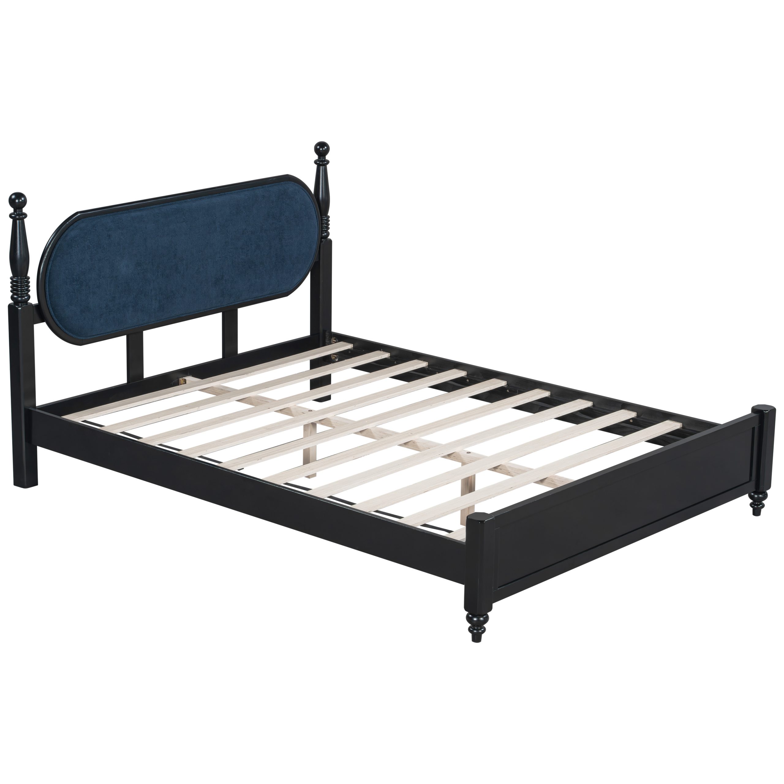 Queen Bed Frame, Solid Wood Platform with Slats, Navy Blue & Black Upholstered Headboard, Modern No Box Spring Needed - Image 4