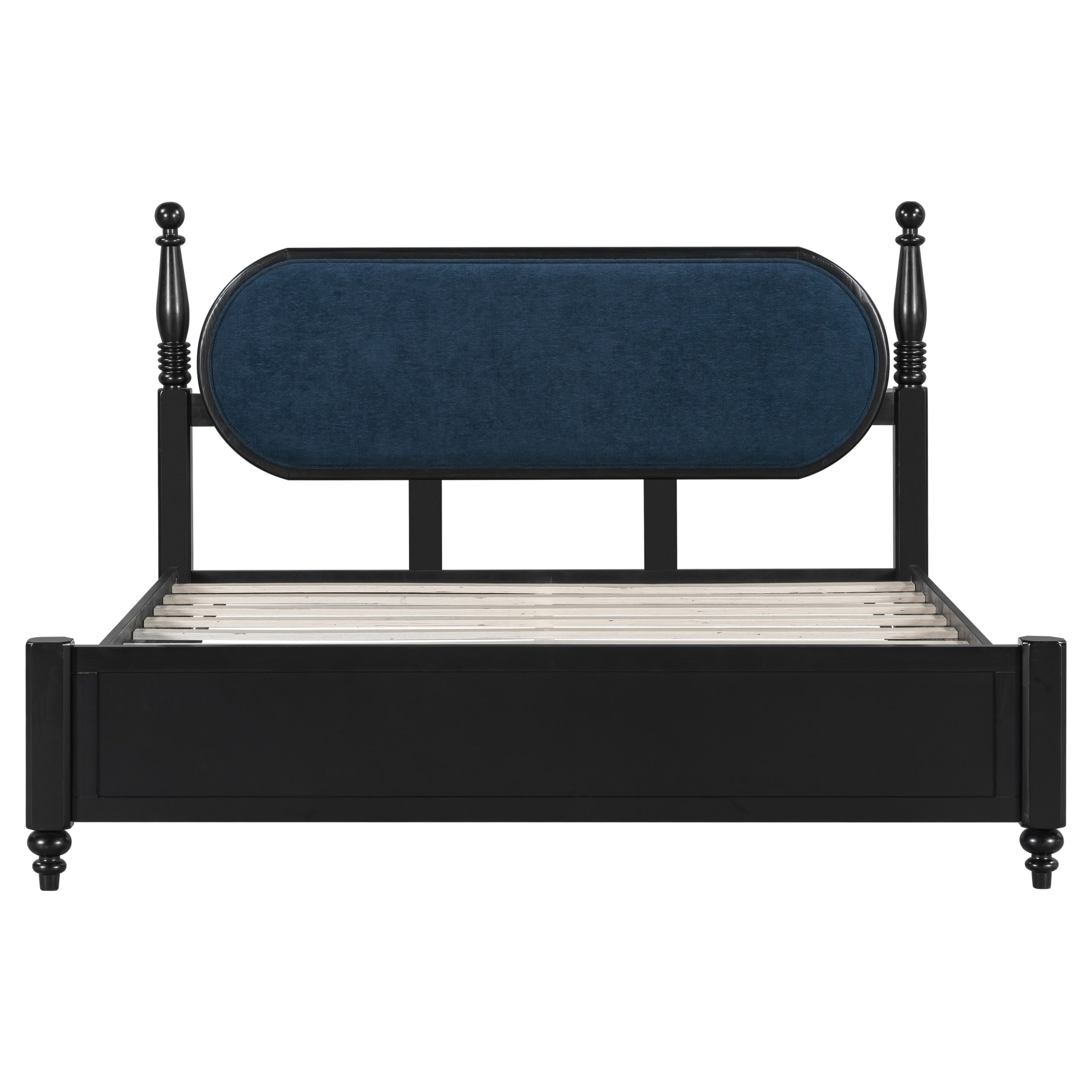 Queen Bed Frame, Solid Wood Platform with Slats, Navy Blue & Black Upholstered Headboard, Modern No Box Spring Needed - Image 5