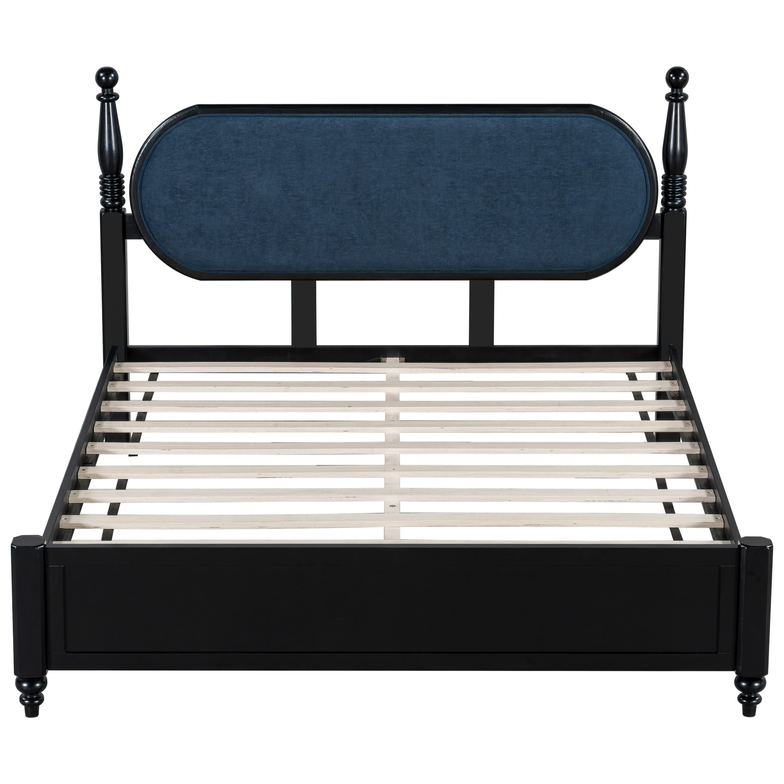 Queen Bed Frame, Solid Wood Platform with Slats, Navy Blue & Black Upholstered Headboard, Modern No Box Spring Needed - Image 6