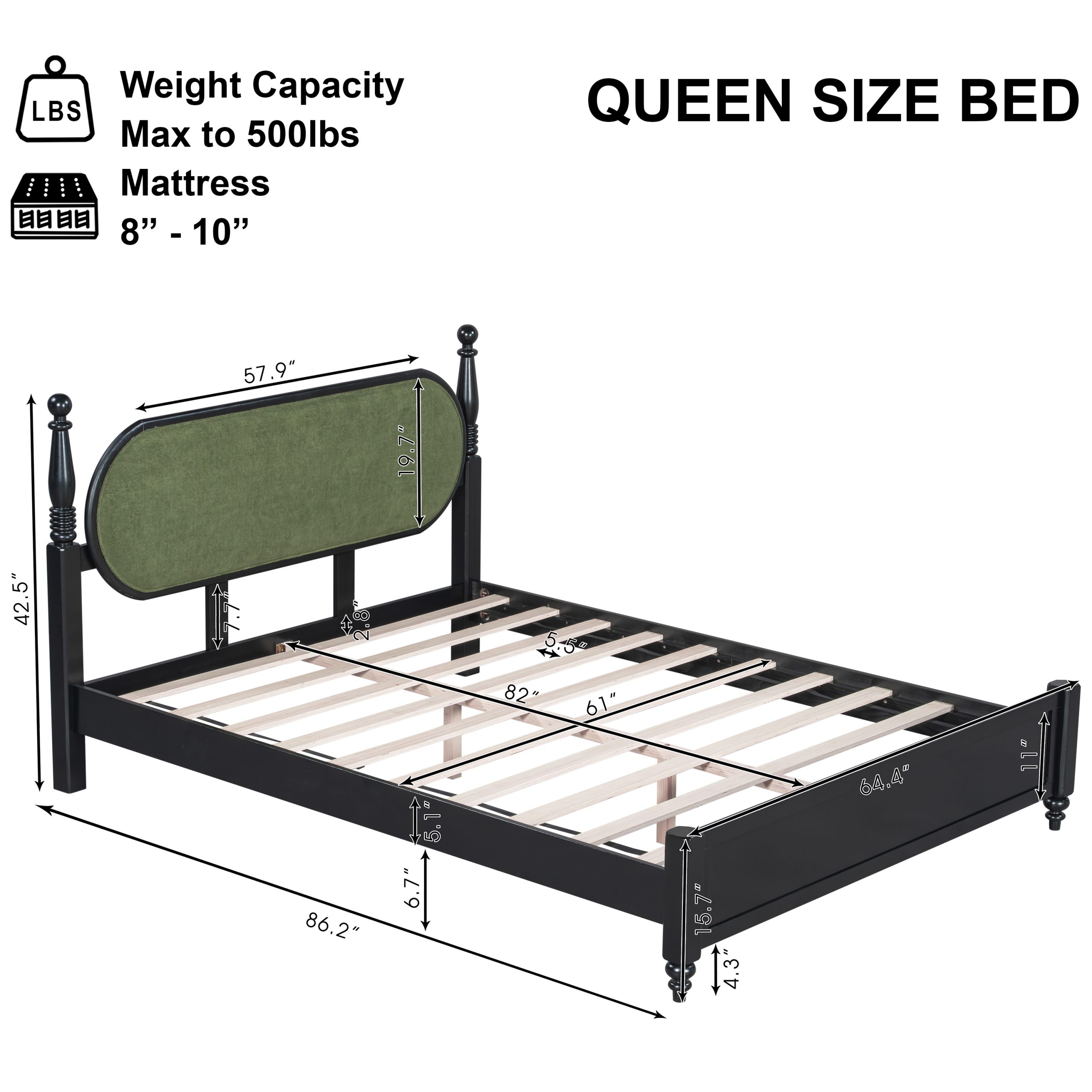 Queen Bed Frame, Solid Wood Platform with Slats, Green & Black Upholstered Headboard, Modern No Box Spring Needed - Image 2