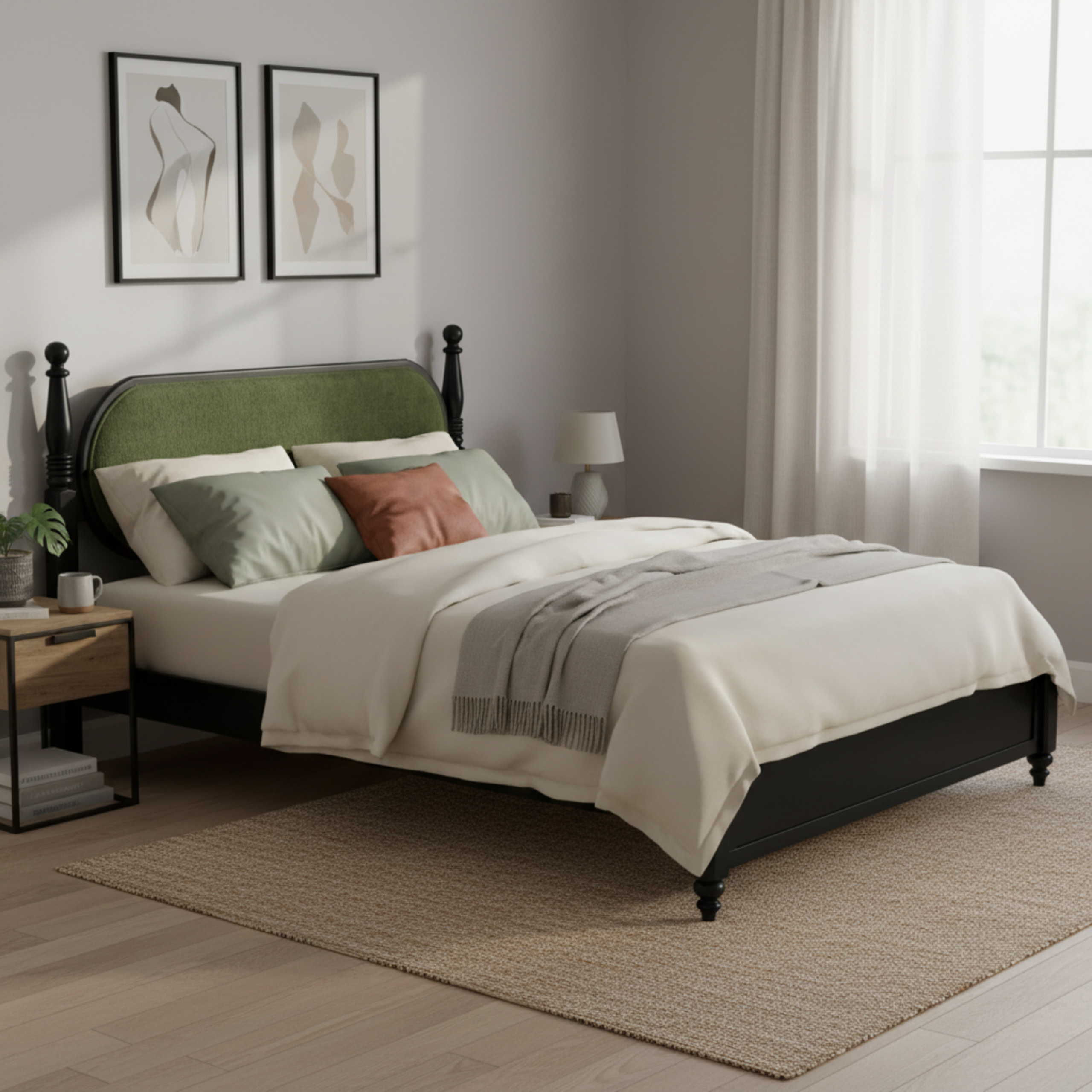 Queen Bed Frame, Solid Wood Platform with Slats, Green & Black Upholstered Headboard, Modern No Box Spring Needed - Image 3