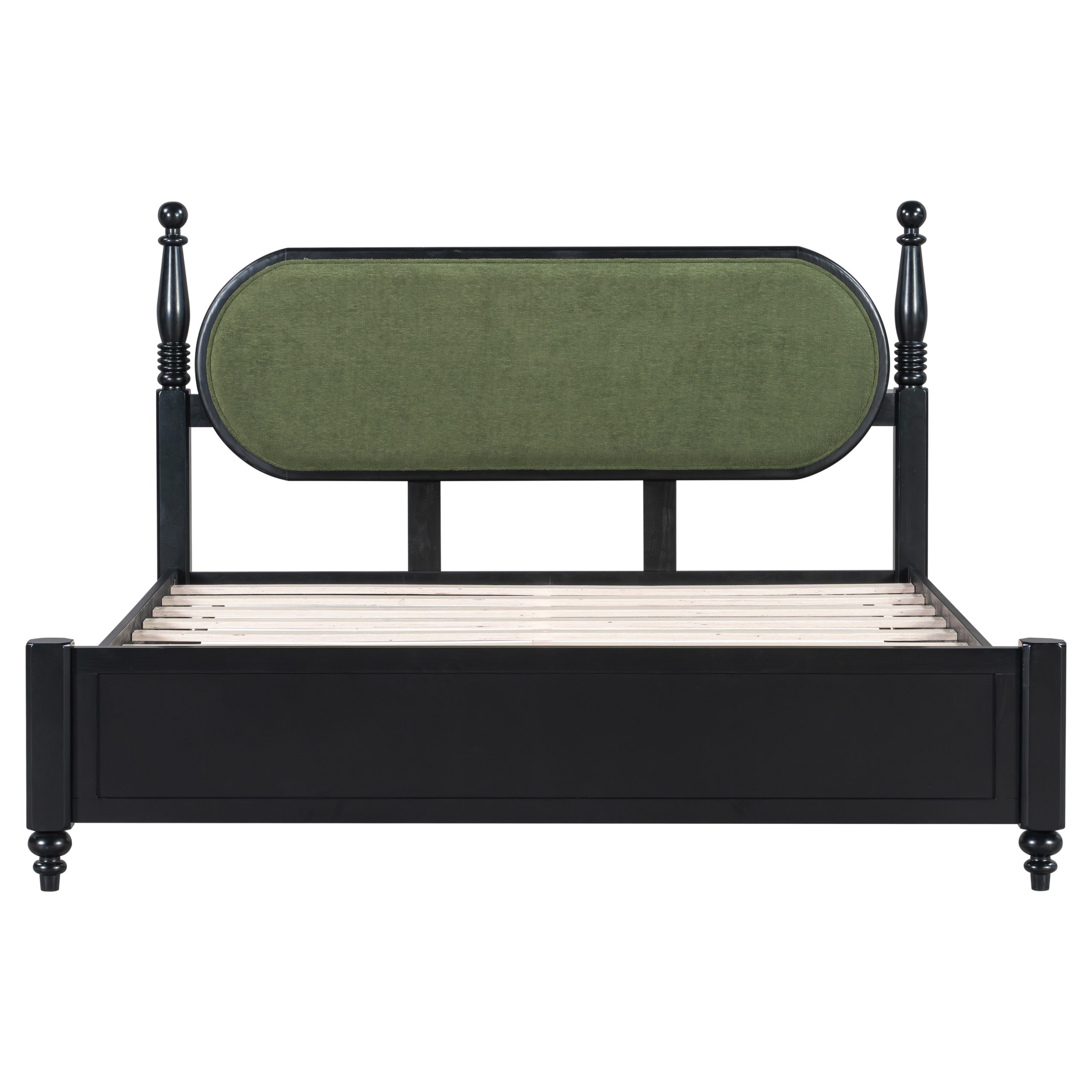Queen Bed Frame, Solid Wood Platform with Slats, Green & Black Upholstered Headboard, Modern No Box Spring Needed - Image 4