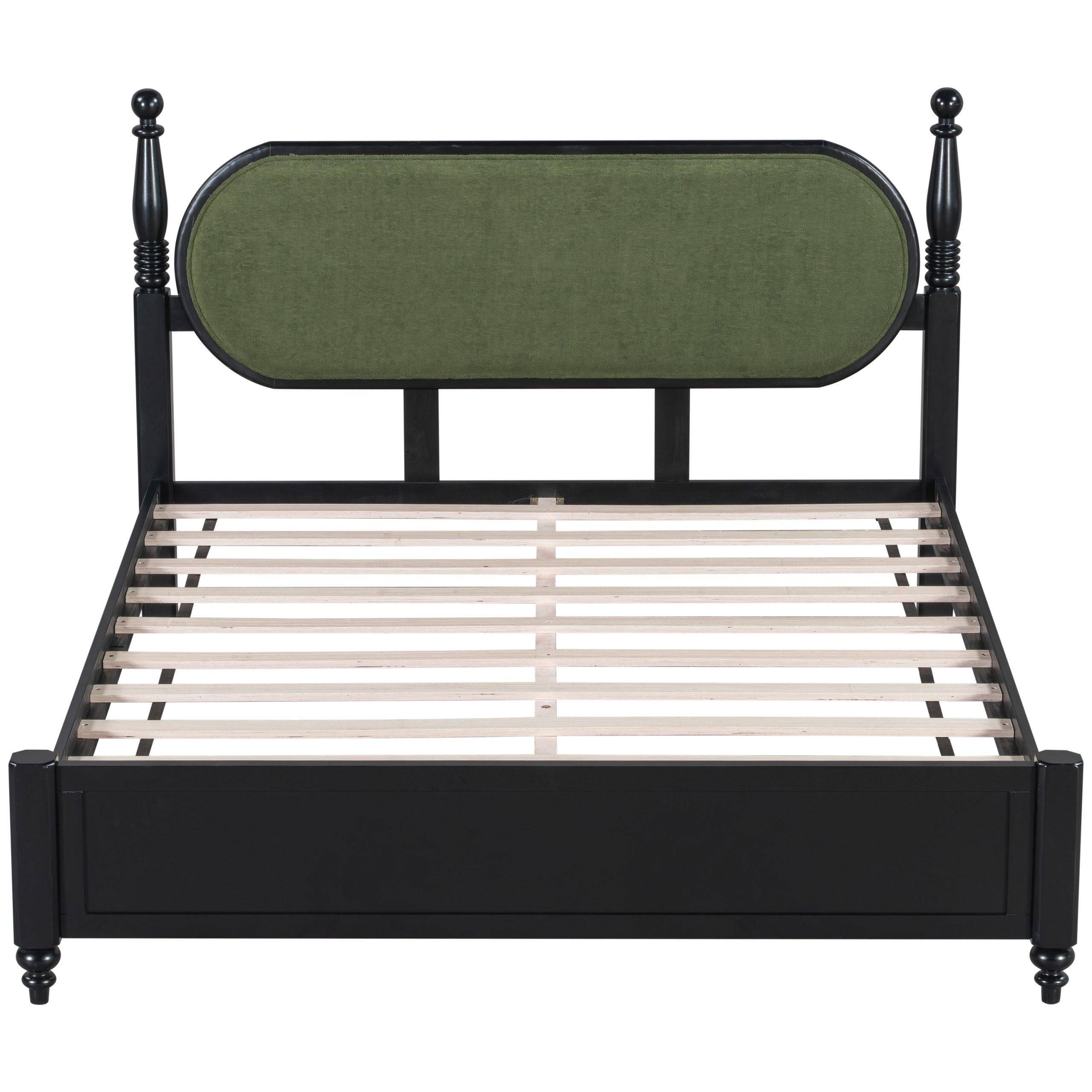 Queen Bed Frame, Solid Wood Platform with Slats, Green & Black Upholstered Headboard, Modern No Box Spring Needed - Image 5