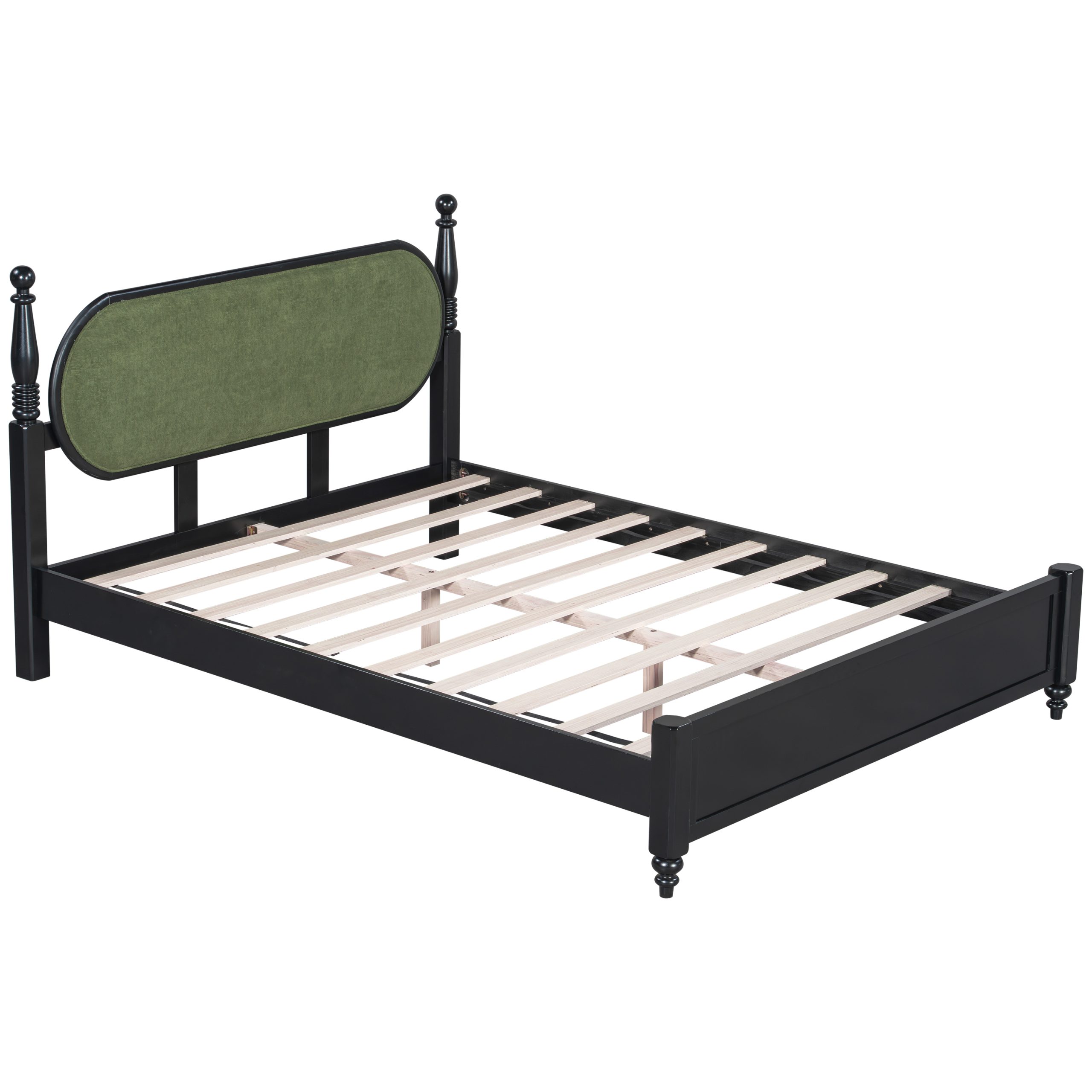 Queen Bed Frame, Solid Wood Platform with Slats, Green & Black Upholstered Headboard, Modern No Box Spring Needed - Image 6