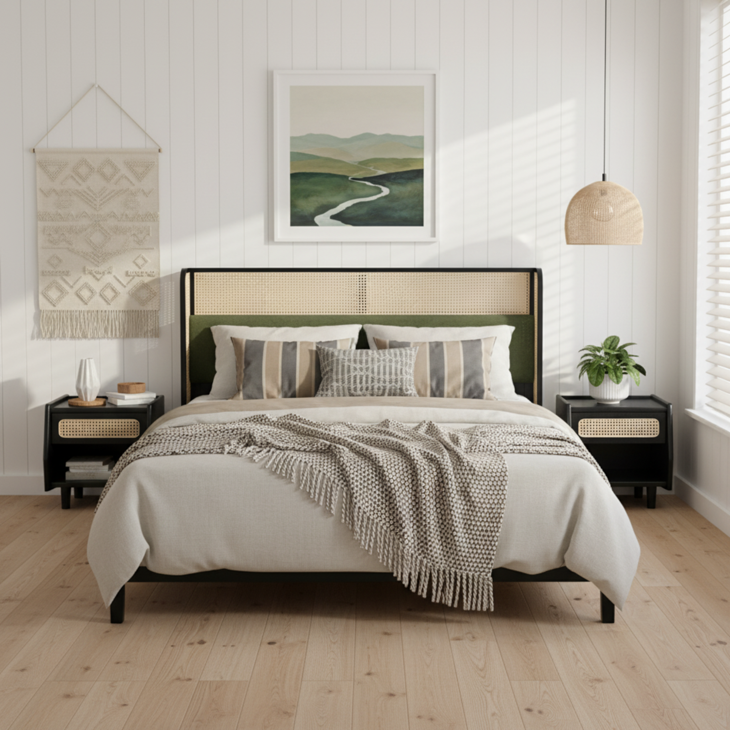 Queen Size Bed Frame with Green Headboard, Black with Green Solid Wood Bed, No Box Spring Required, Modern Bedroom Furniture - Image 1