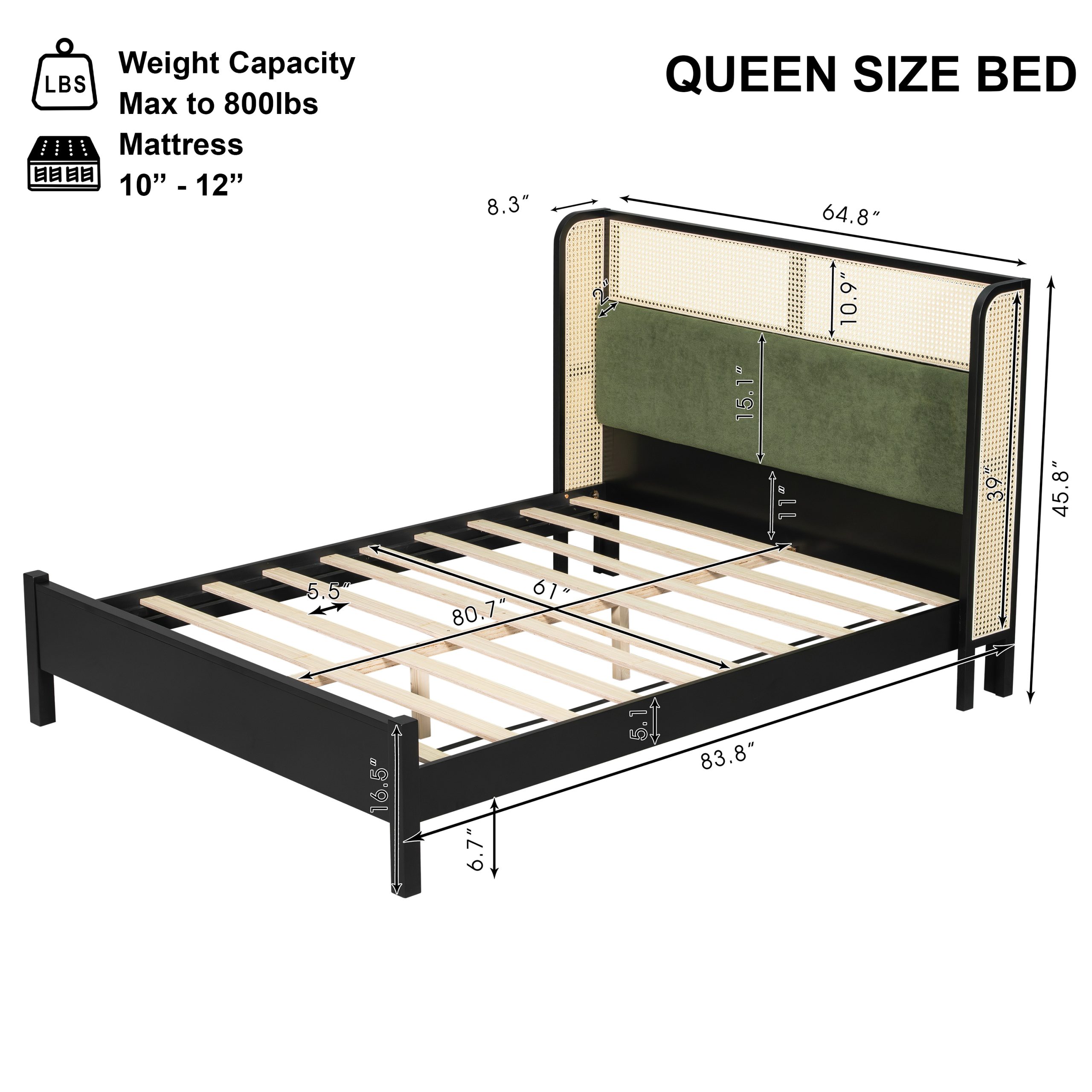 Queen Size Bed Frame with Green Headboard, Black with Green Solid Wood Bed, No Box Spring Required, Modern Bedroom Furniture - Image 2
