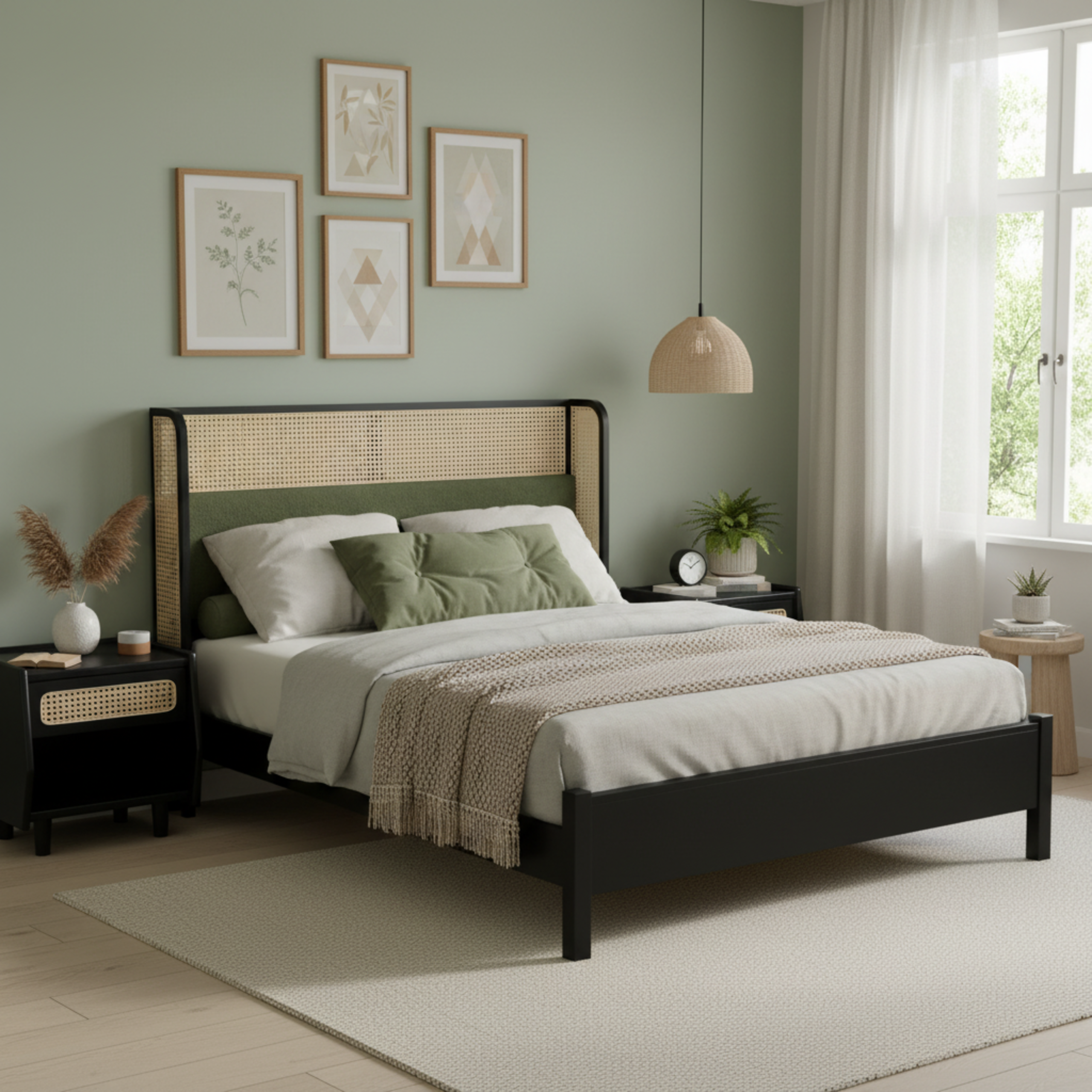 Queen Size Bed Frame with Green Headboard, Black with Green Solid Wood Bed, No Box Spring Required, Modern Bedroom Furniture - Image 3