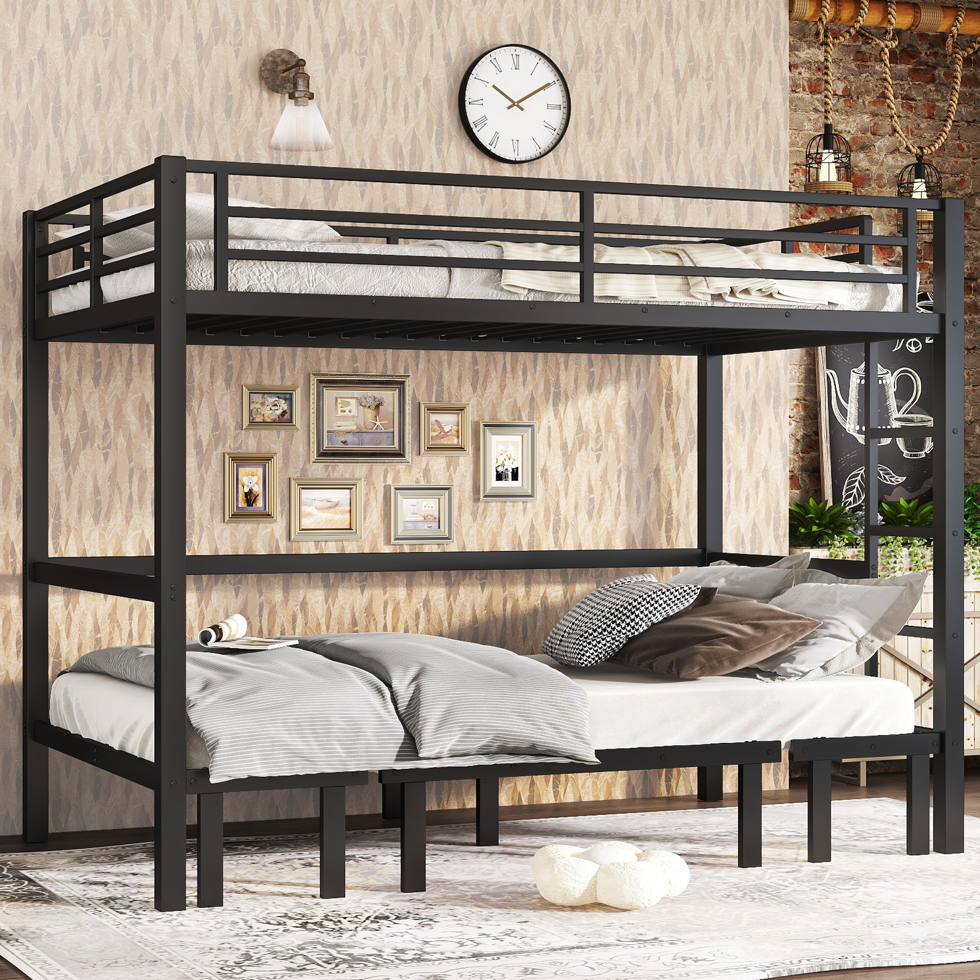 Twin XL over Twin XL size pull-out Metal Bunk Bed, lower bunk can be pulled out in three sections, top bunk equipped with safety rails, black. - Image 2