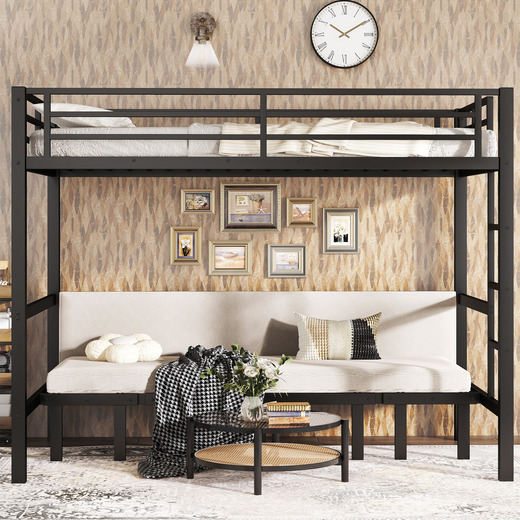 Twin XL over Twin XL size pull-out Metal Bunk Bed, lower bunk can be pulled out in three sections, top bunk equipped with safety rails, black. - Image 3
